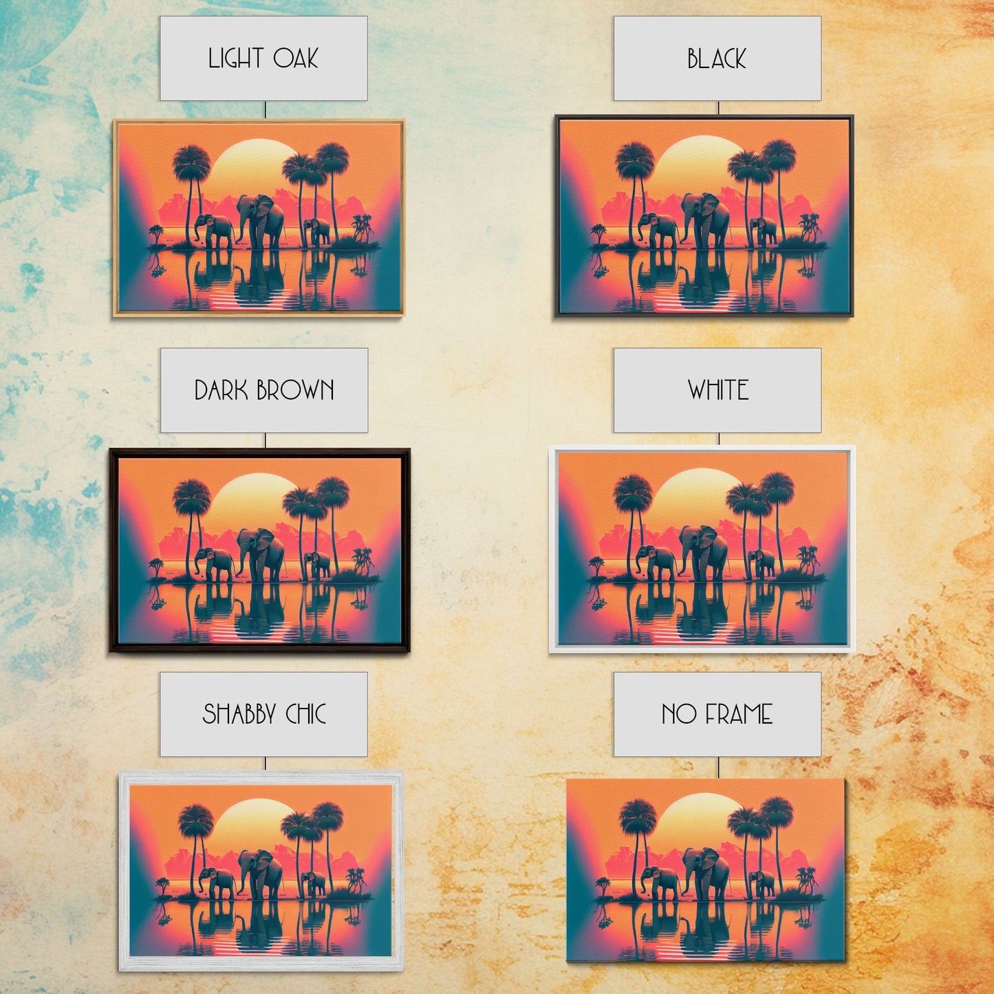 Sun beading down on a family of Elephants, framed canvas print