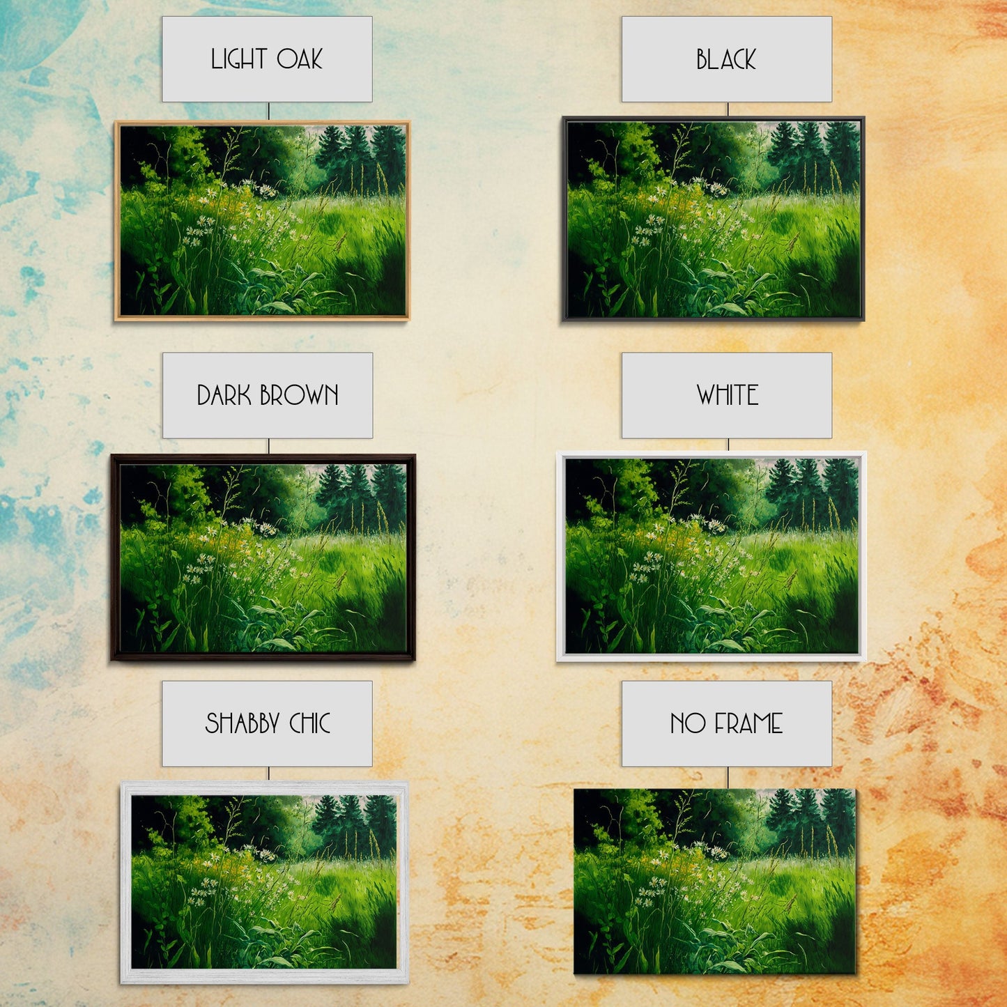 Beautiful field of wildflowers, Emerald green watercolor, framed canvas print, living room wall decor