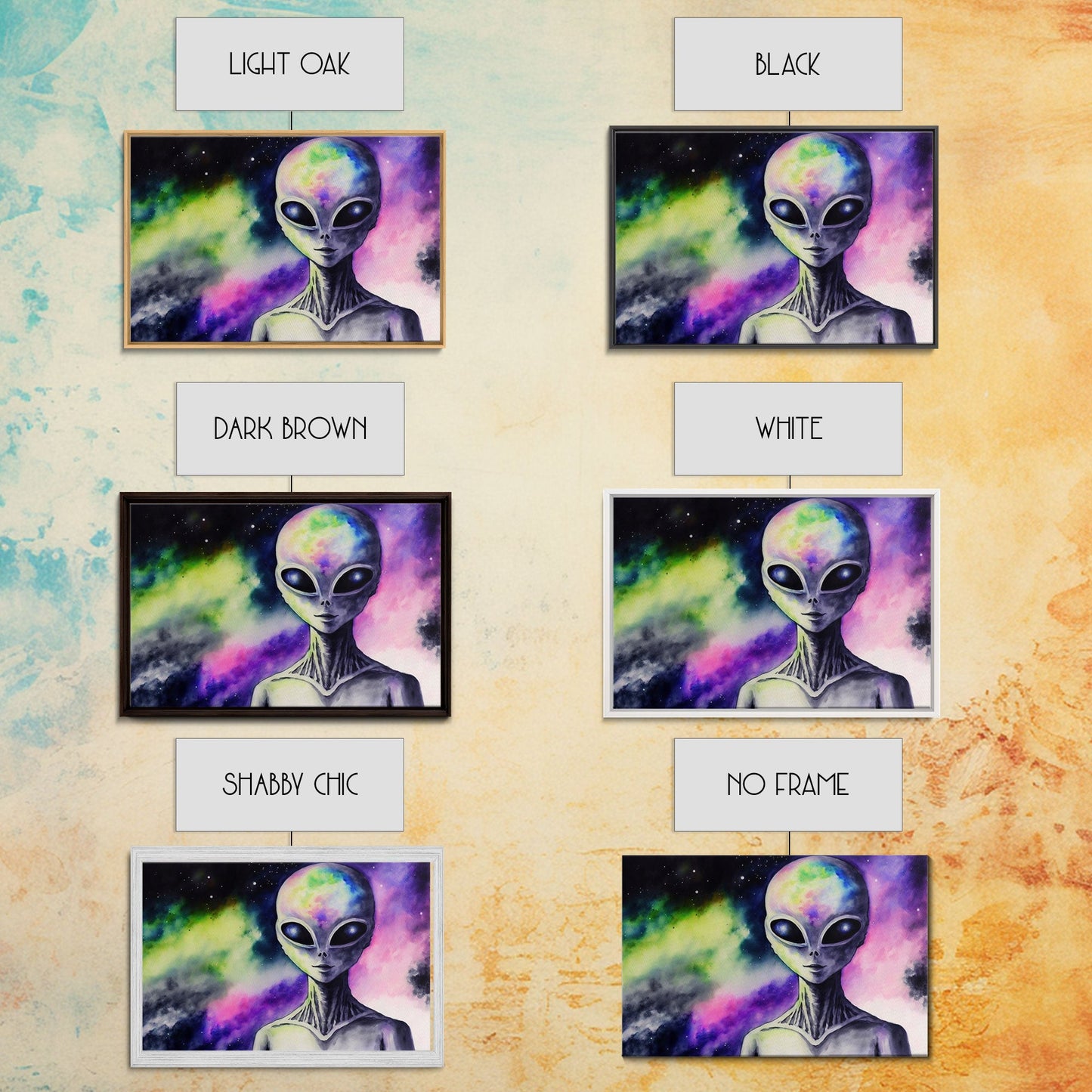 Psychedelic Intergalactic Alien Art, Watercolor Style, Framed Canvas Print, Scifi Wall Art