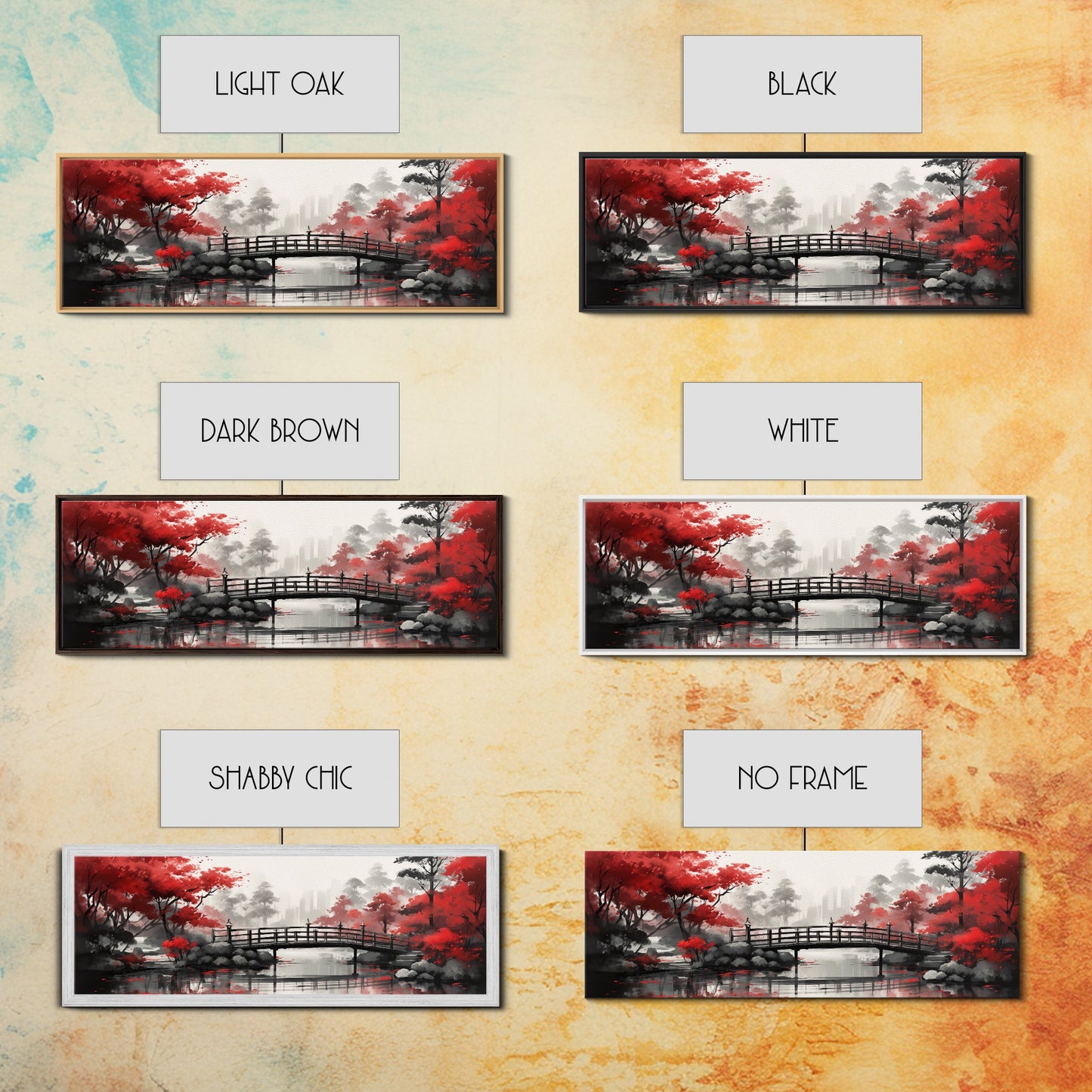 Japanese Hashi Bridge in The Spring, Framed Canvas Print, Japanese Maple Trees Along A Stream, Asian Inspired Art