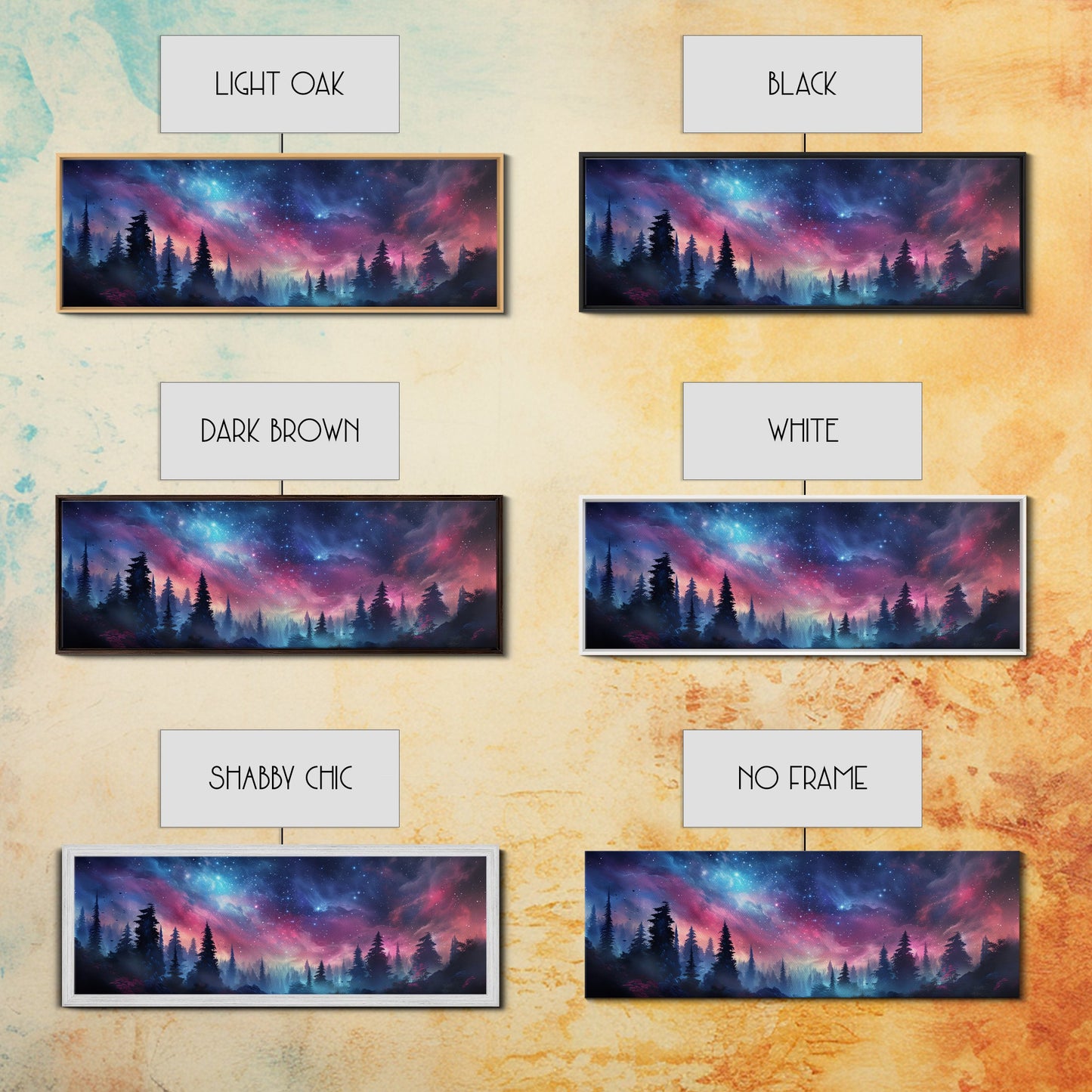 Watercolor Painting Of A Starry Night, Framed Canvas Print, Beautiful Nature Panoramic, Alaska Wilderness Art