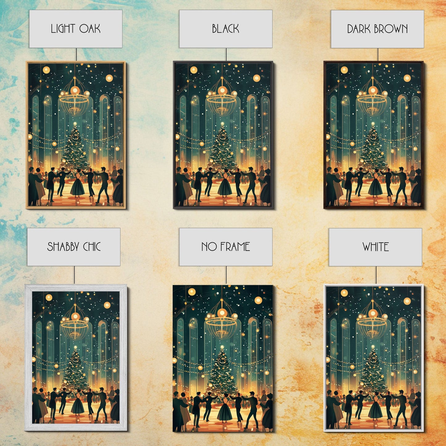 Elegant Ballroom Christmas Dance Scene with Holiday Lights and Decorations, Perfect Holiday Decor for Winter Wonderland, Framed Canvas Print