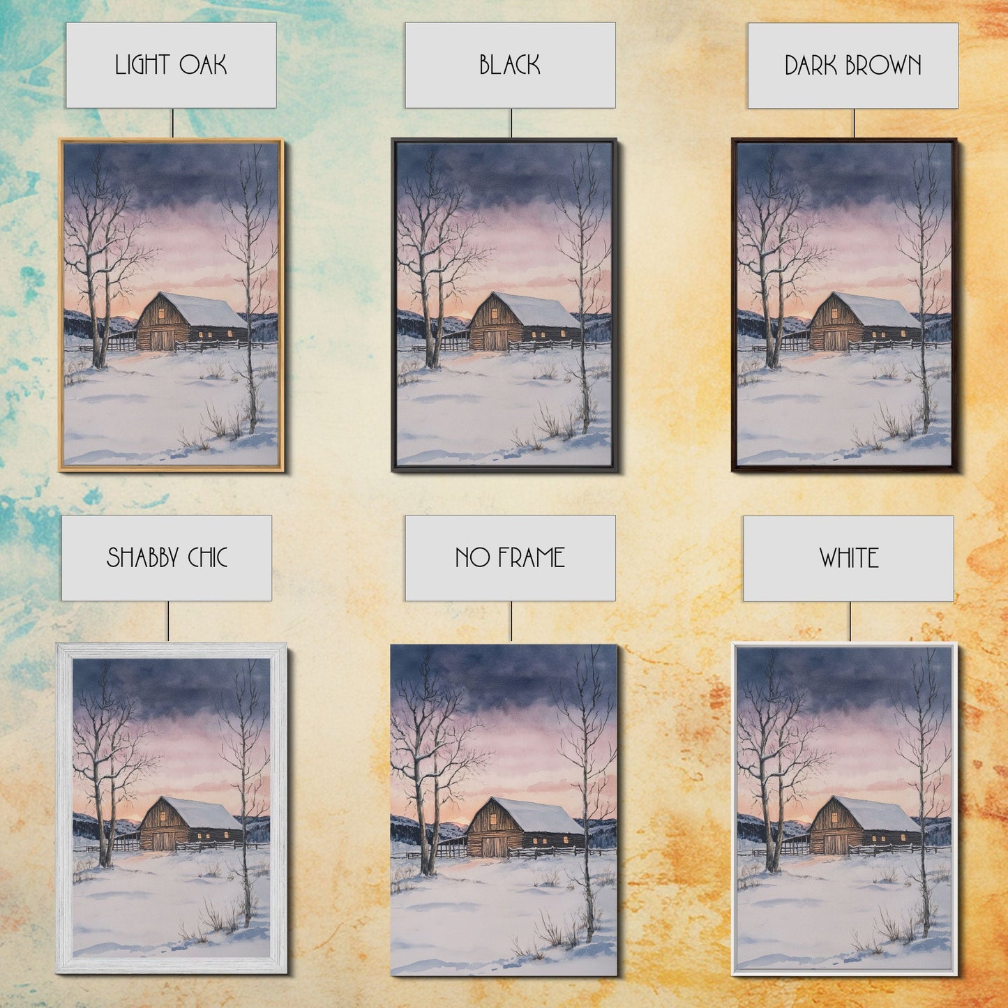Scheune im Winter, gerahmter Leinwanddruck, Winterlandschaftsdruck, rustikale Weihnachtskunst, Dekoration im Landhausstil