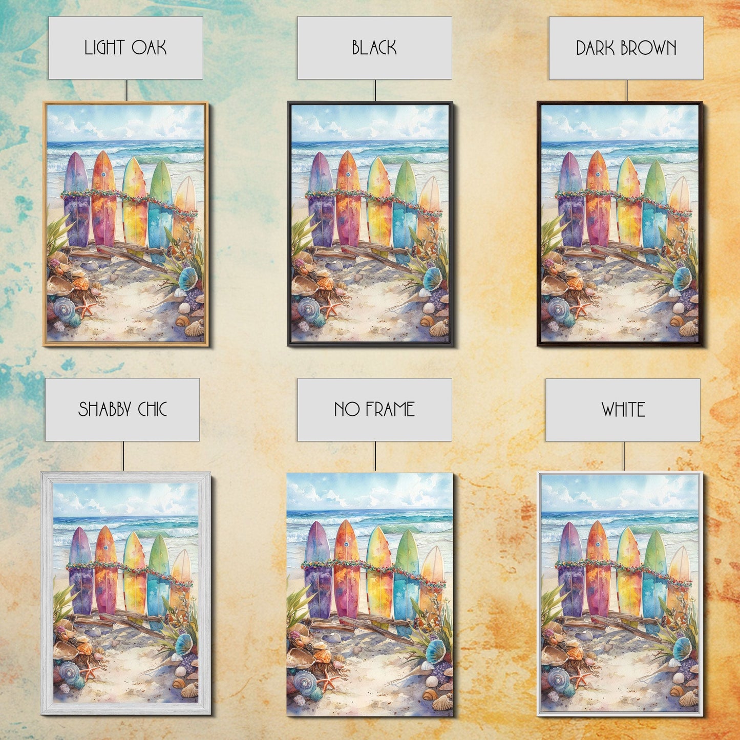 Weihnachts-Surfbretter am verschneiten Strand, gerahmter Leinwanddruck, tropische/maritime Weihnachtskunst oder Geschenkidee, Weihnachtsposter