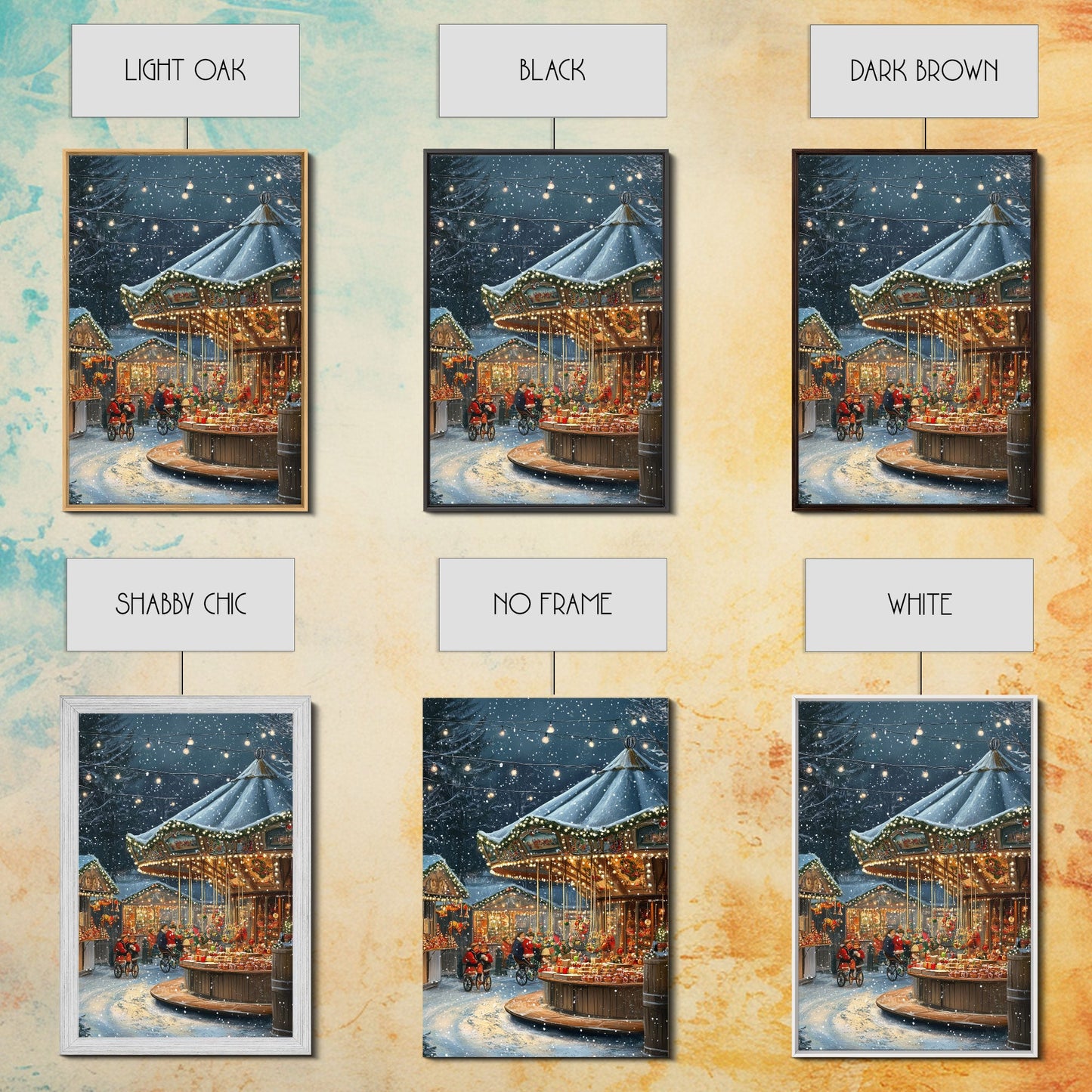 Christmas Carousel at a Snowy Night Market with Festive Lights and Ornaments, Framed Canvas Print for Christmas Wall Decor