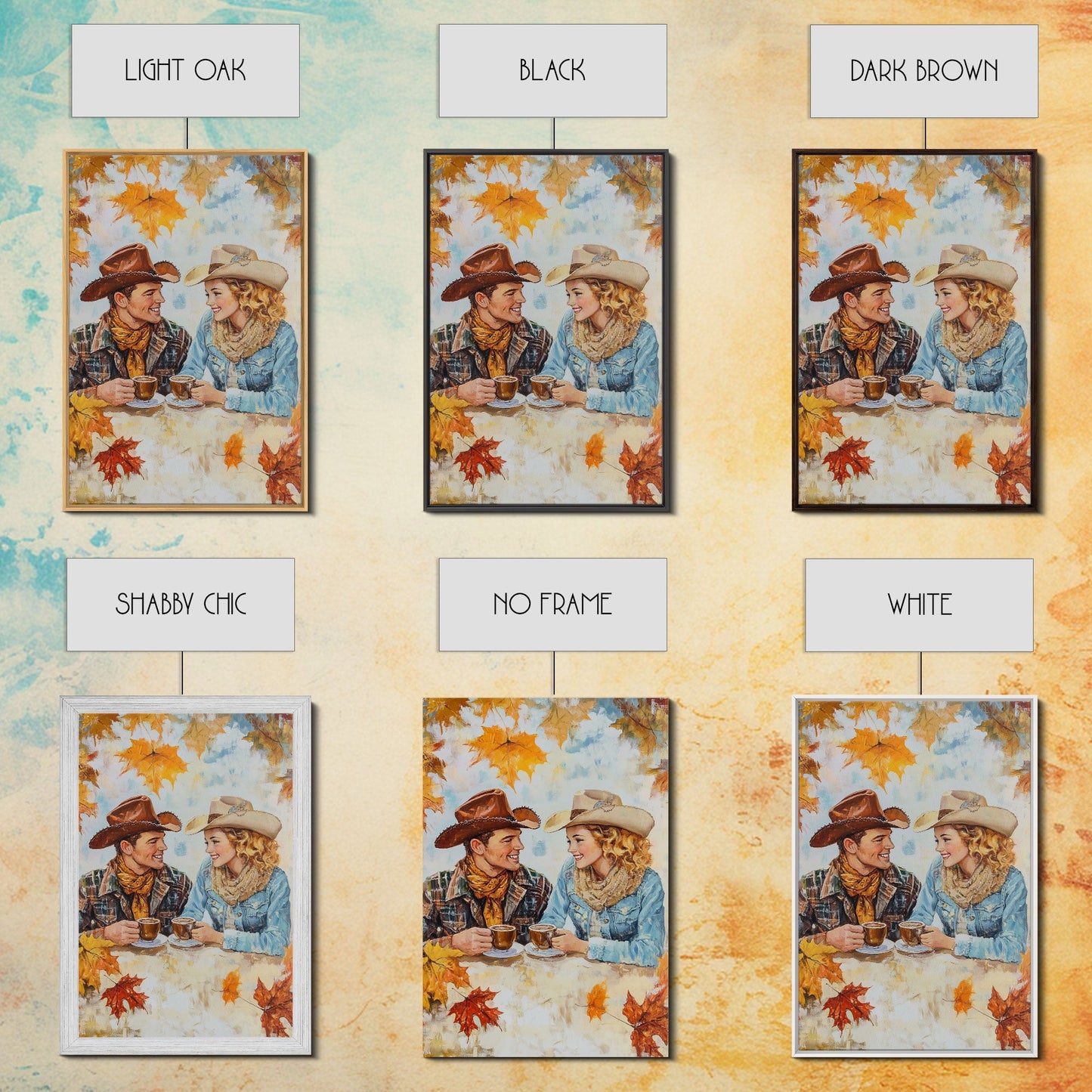 Cowboy and Cowgirl Fall Scene Framed Canvas Print - 2024 Rustic Autumn Love Country Art Gift Idea Fall Wall Decor