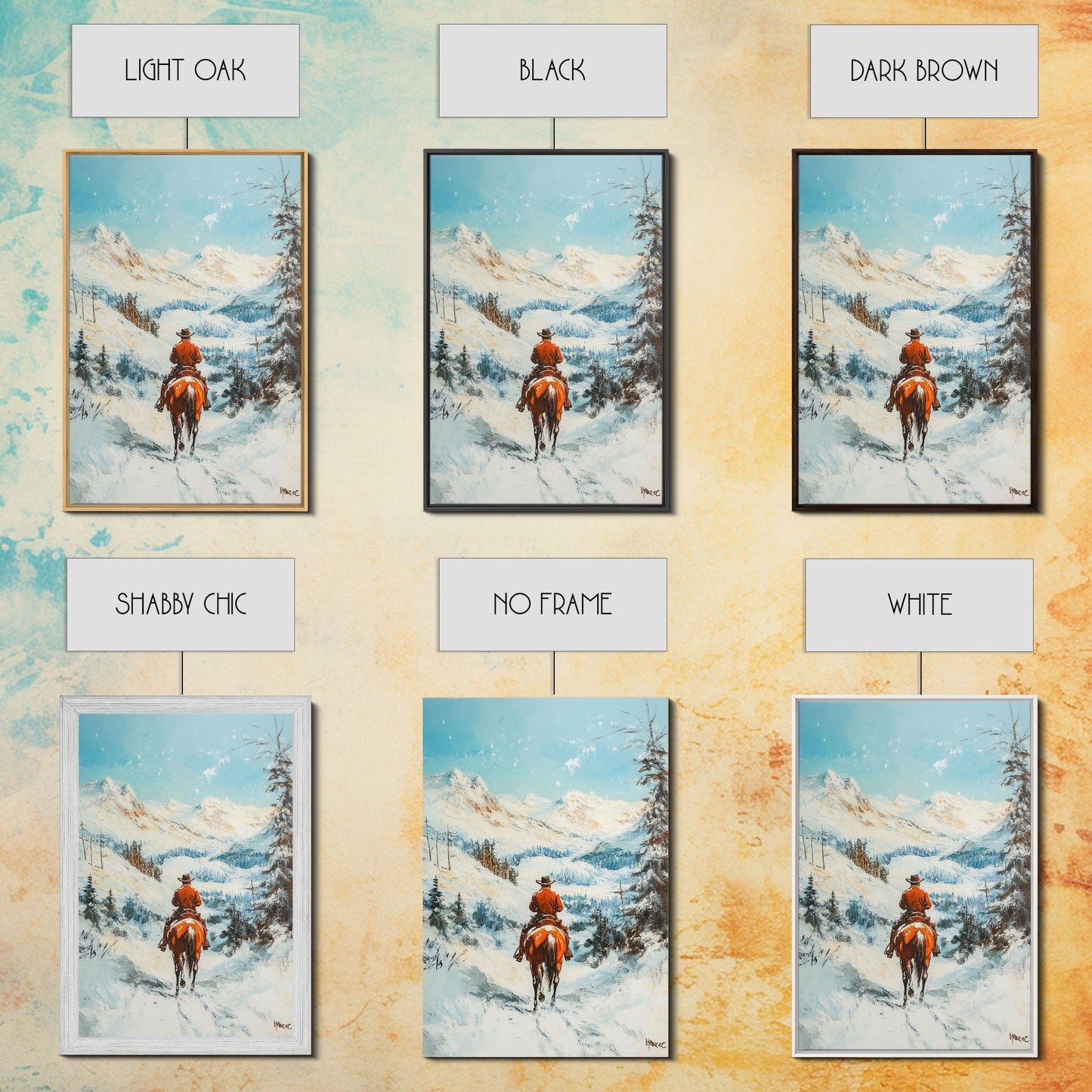 Cowboy reitet durch verschneite Berge – Gerahmter Leinwanddruck – Weihnachtswandbild – Winterwunderland-Dekoration – Saisonale Wanddekoration – Geschenkidee zu Weihnachten