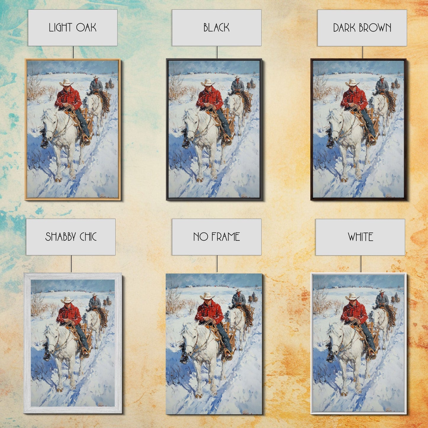 Cowboy Riding Horses in Snow Canvas Print, Winter Wall Art, Rustic Christmas Decor, Holiday Gift Idea, Seasonal Art, Framed Canvas Print