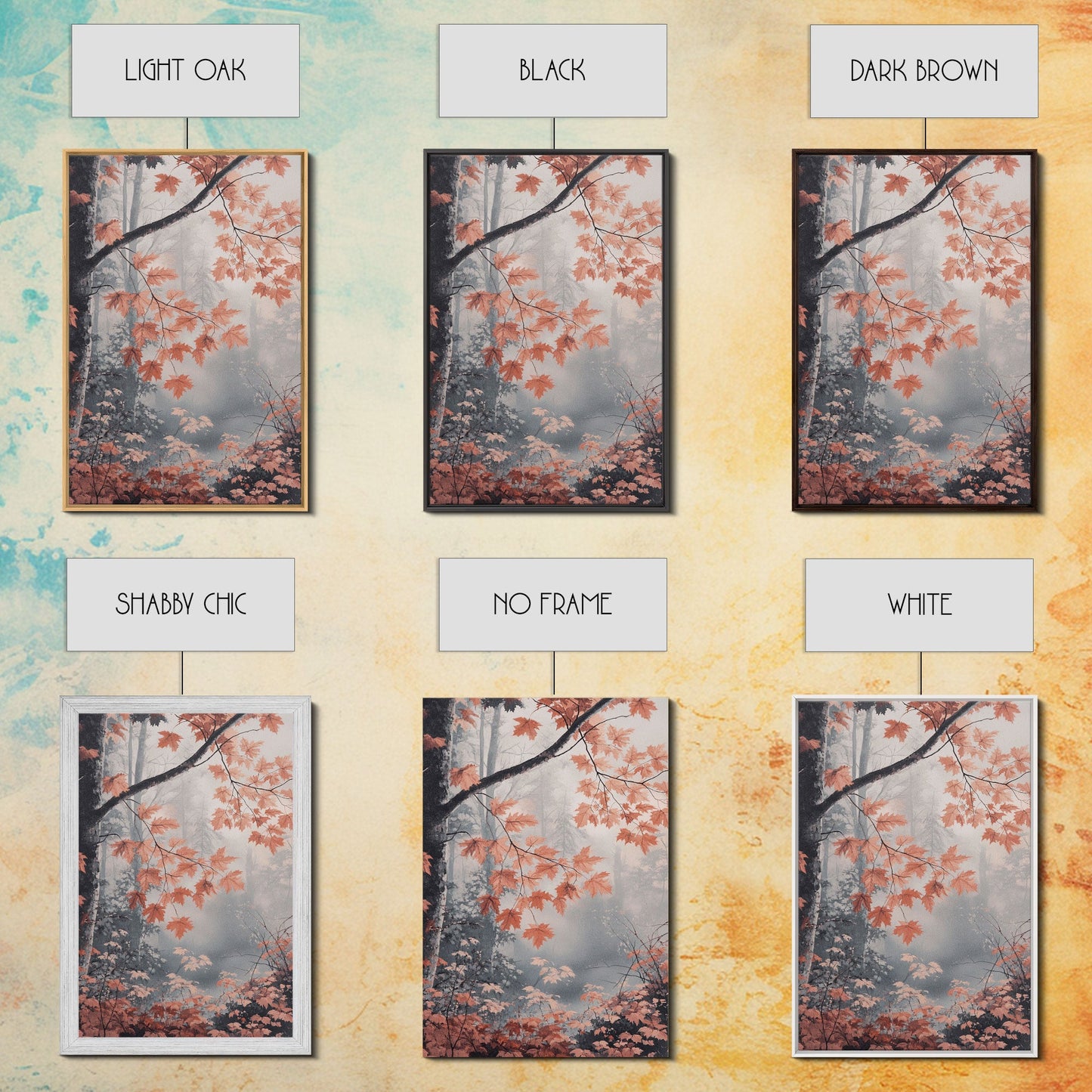 Framed Canvas Print of Fall Leaves on Branches in Misty Forest, Moody Landscape Wall Art, Fall Decor, Gift Idea, Farmhouse Seasonal Art