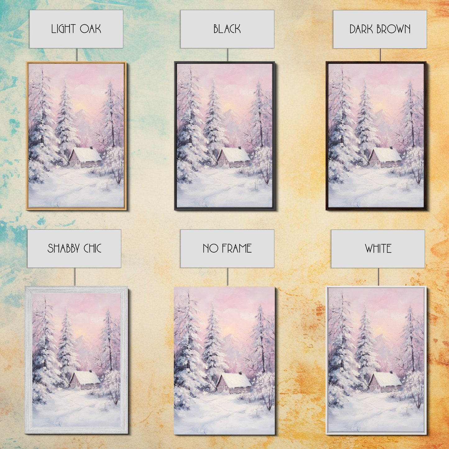Pink Snowy Cabin Landscape Framed Canvas Print Wall Art Winter Wonderland Decor, Christmas Art Gift, Rustic Winter Scene Art