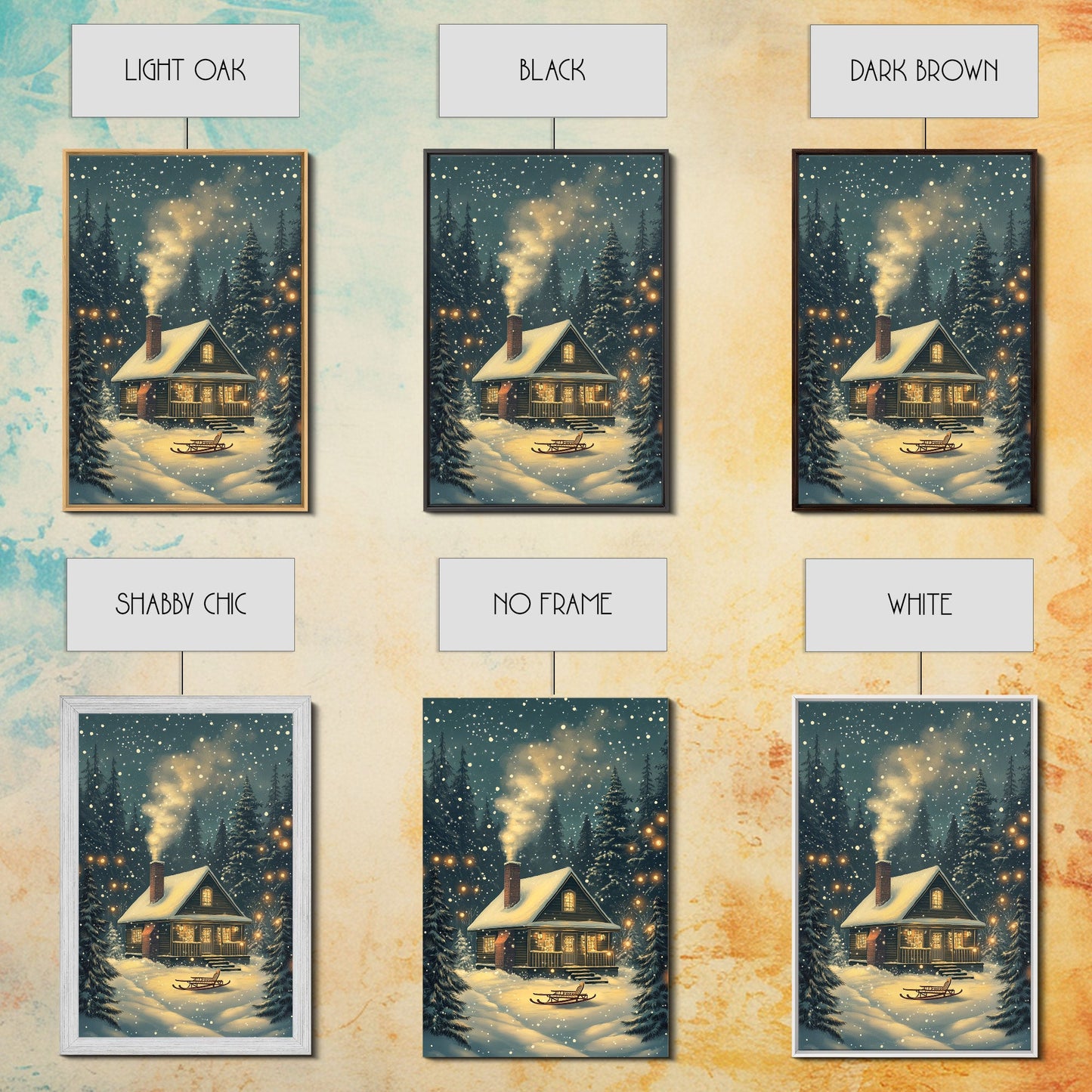 Cozy Cabin in Snowy Winter Forest, Warm Christmas Lights and Peaceful Holiday Scene, Perfect for Winter Wall Art, Framed Canvas Print