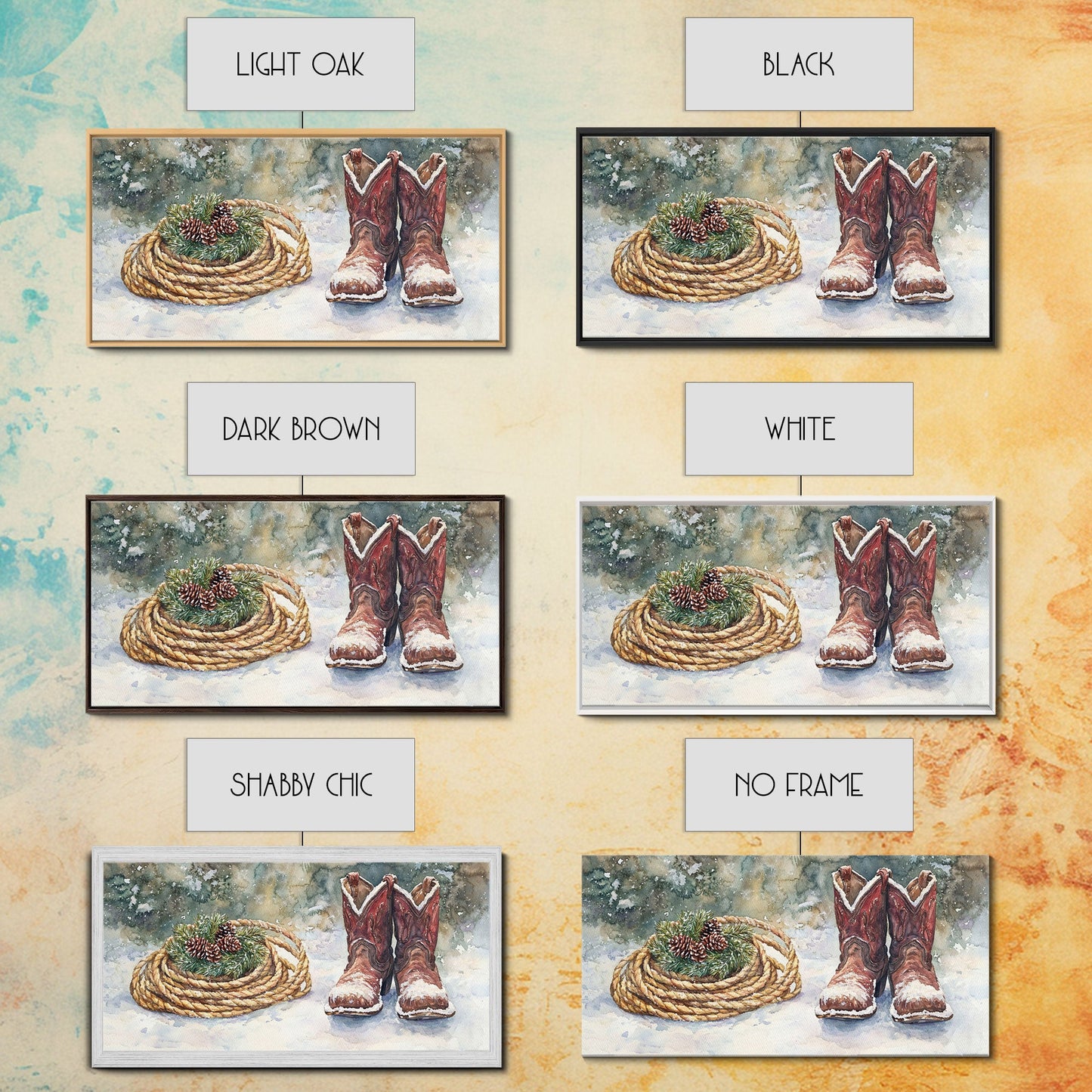 Canvas Print Cowboy Boots with Christmas Wreath and Rope, Rustic Christmas Decor, Winter Western Holiday Art, Farmhouse Wall Print