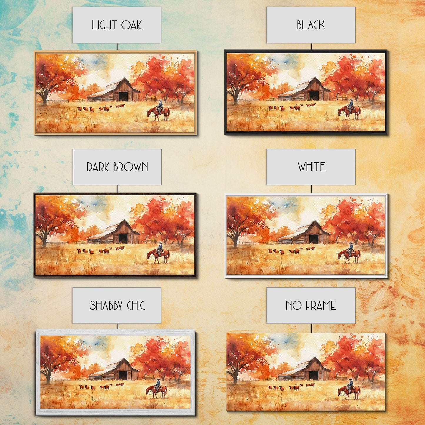 Cowboy on horse in autumn farm scene, framed canvas print, rustic fall decor, farmhouse home decor, cozy autumn landscape art, fall wall art