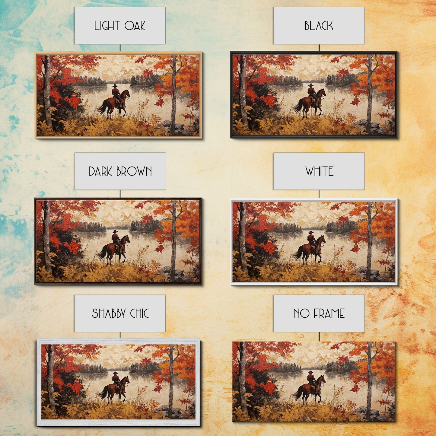 Cowboy on mountainside with red autumn leaves rugged cliffs, Framed Canvas Print, fall landscape wall art, western decor with warm colors