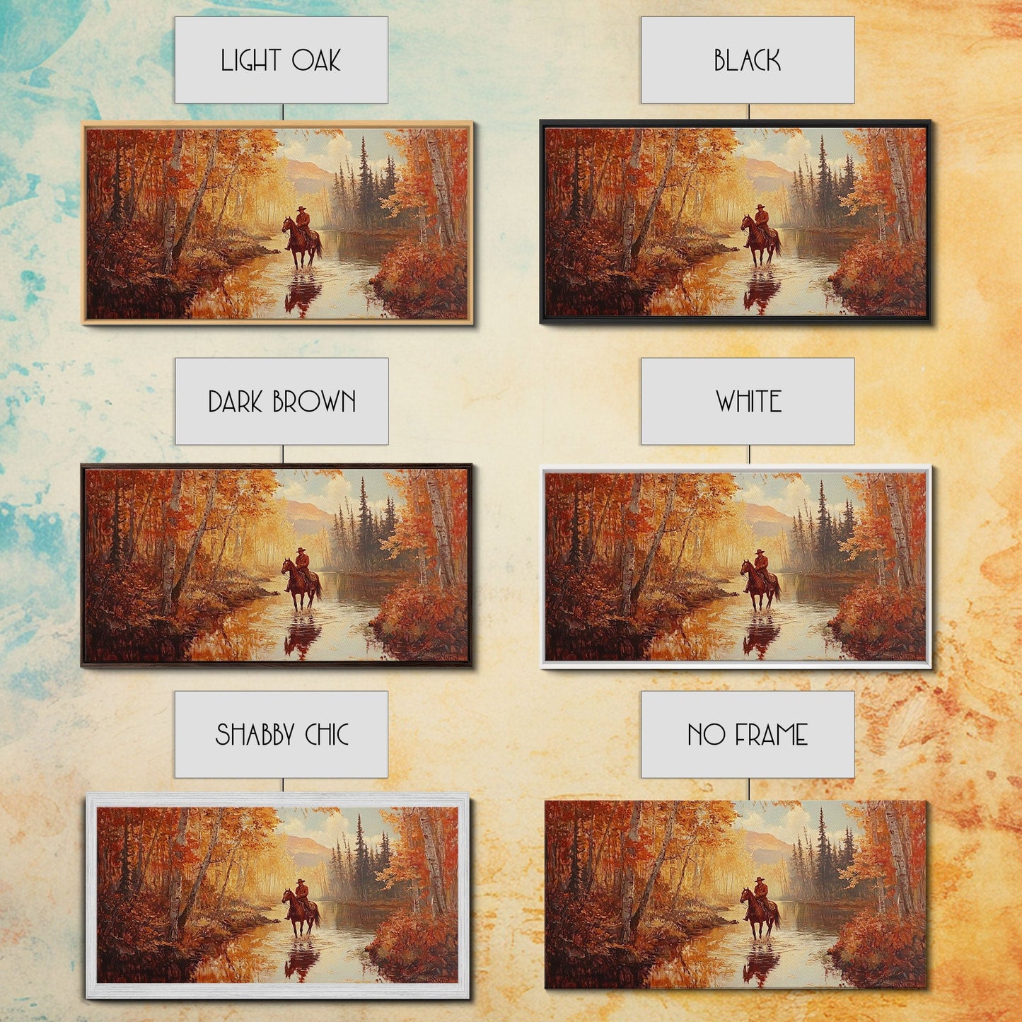 Black white cowboy riding toward snow-covered mountains, Framed Canvas Print, minimalist winter wall art, moody landscape, western decor