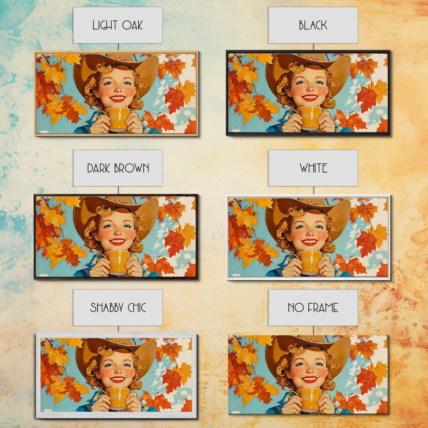 Cowgirl Having A Cup Of Joe, Framed Canvas Print, Farmhouse / Western Rustic Charm, Seasonal Art Piece to Warm Up Your Home Decor This Fall