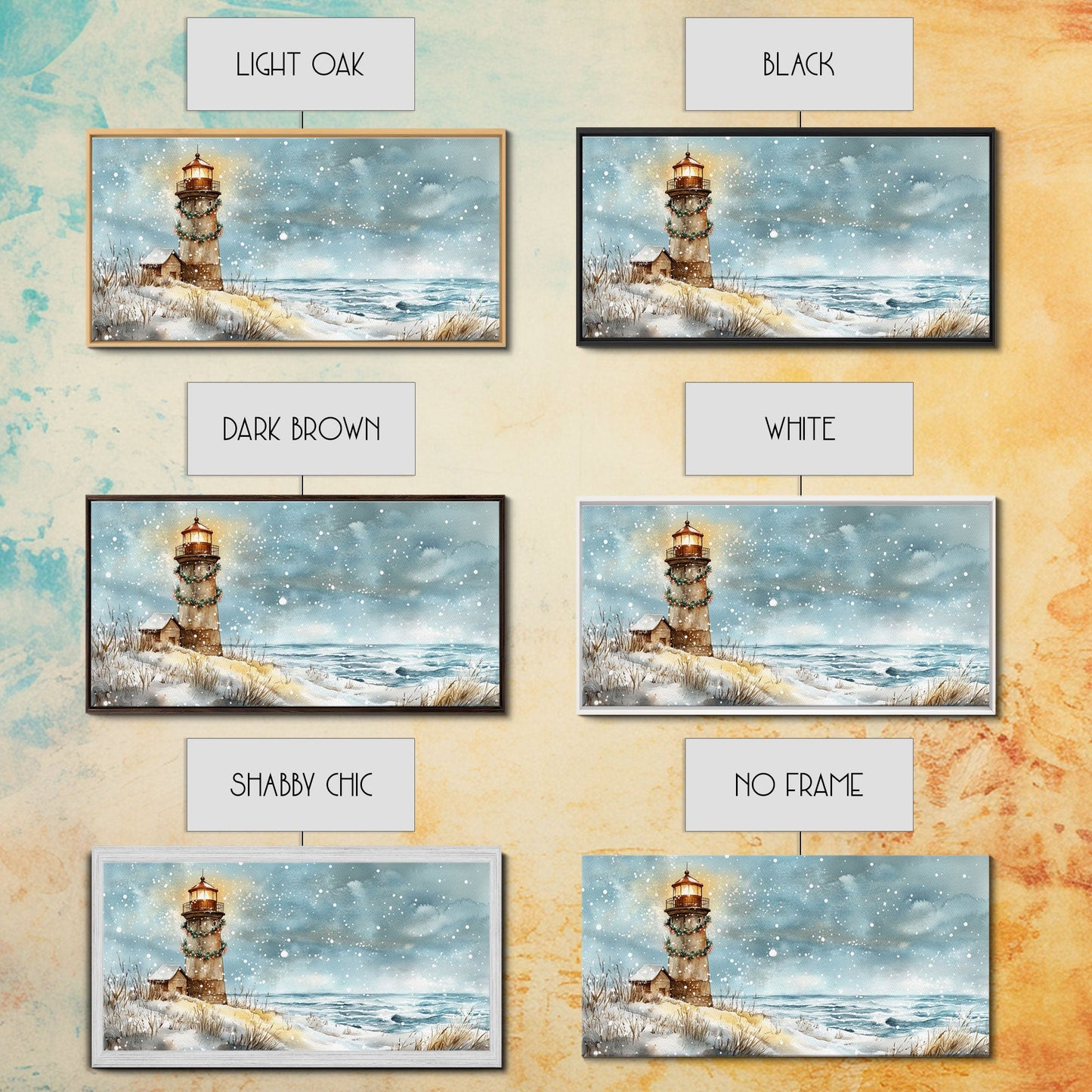 Coastal Christmas Lighthouse Decor Framed Canvas Print, Snowy Beach Scene with Holiday Wreath and Lighthouse Winter Wall Art