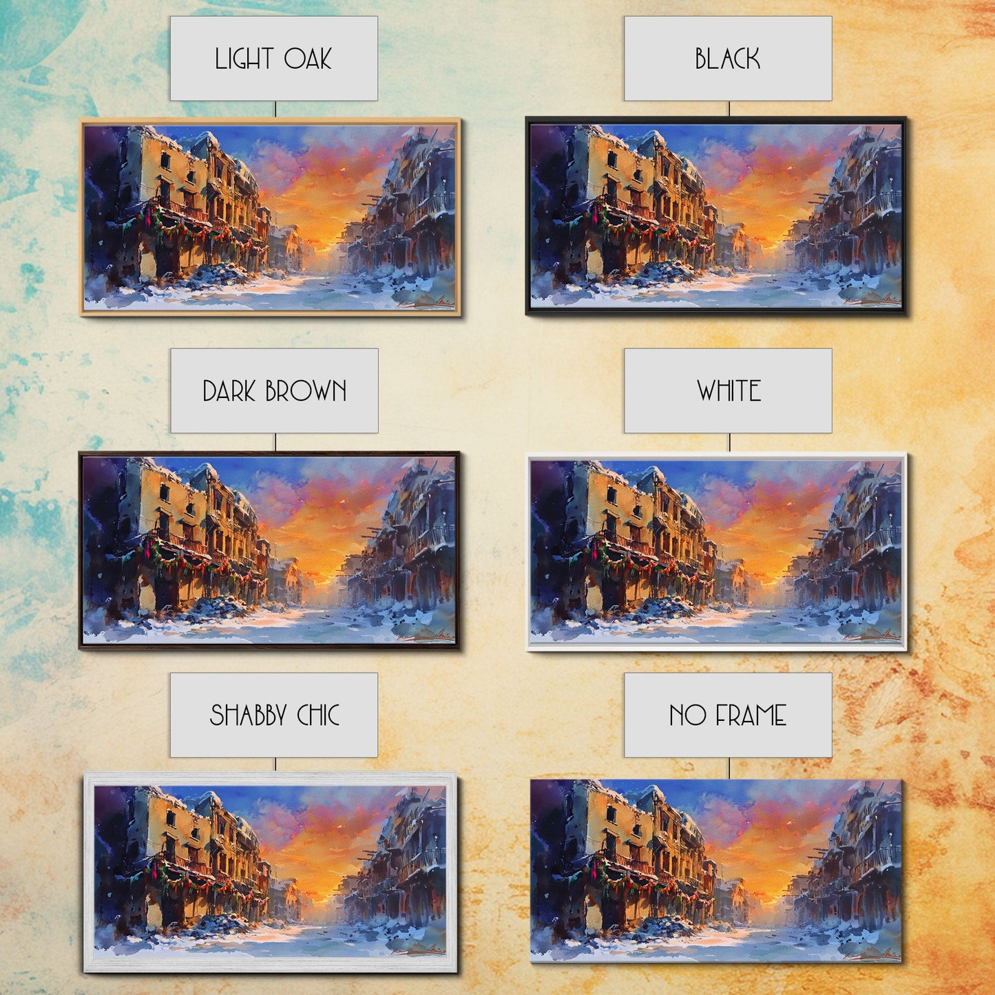 Snowy abandoned street at sunset with festive garland, framed canvas print, moody landscape Christmas or holiday decor