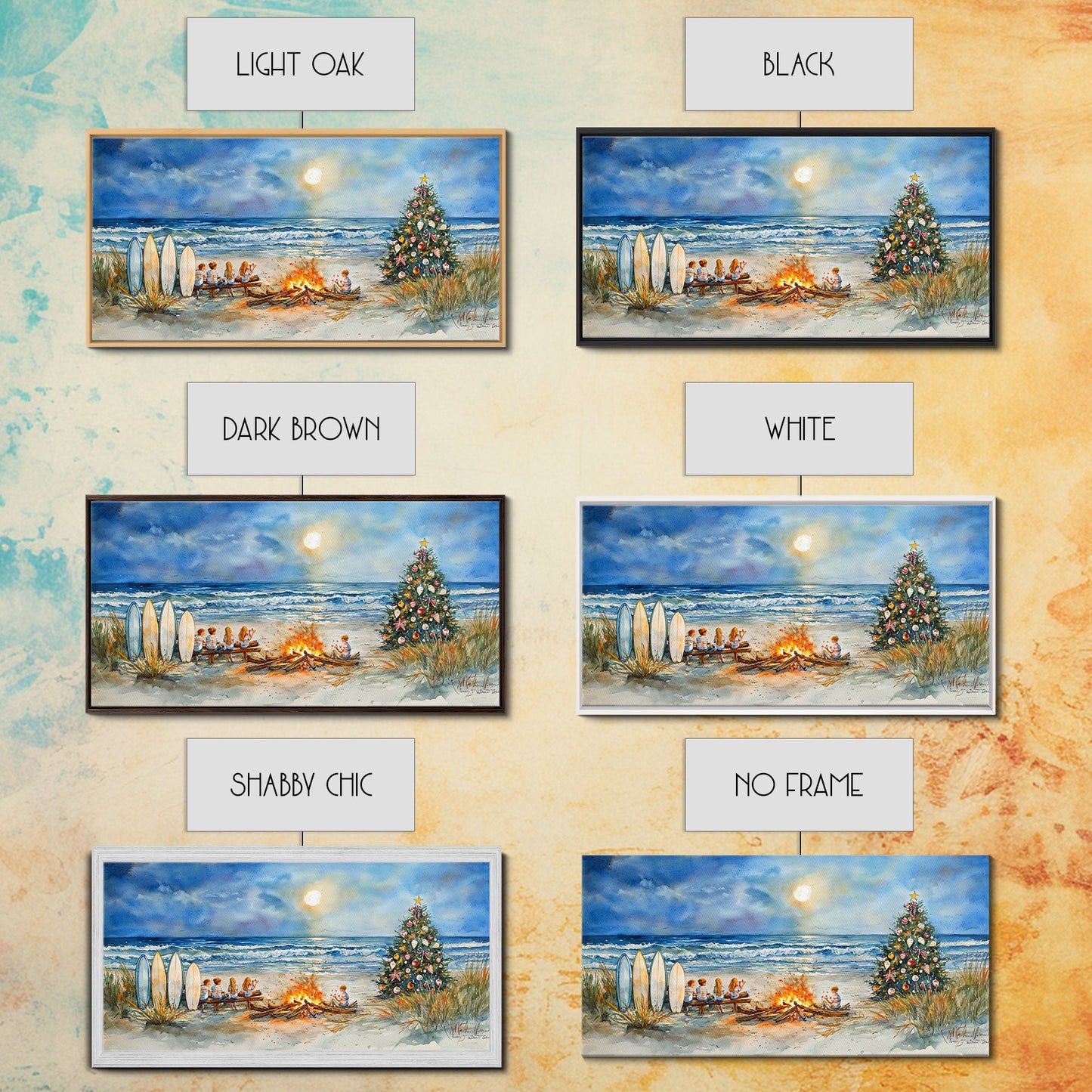 Christmas bonfire on the beach with surfboards and decorated tree, framed canvas print ideal tropical holiday wall art decor