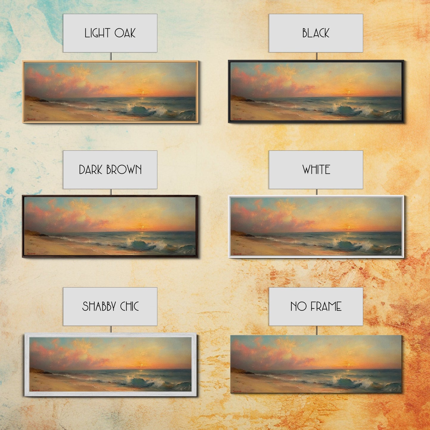 Ocean Waves Crash Into a Hidden Beach at Sunset, Framed Canvas Print, Panoramic Boho Seascape Painting