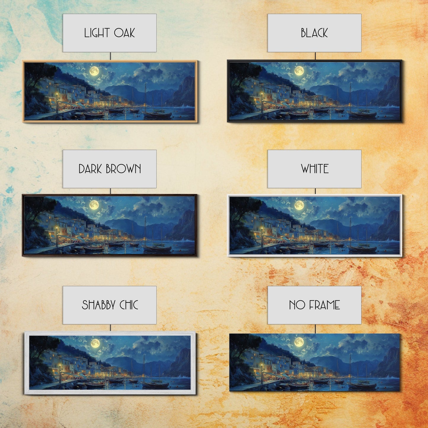 Midnight in Portofino - Full Moon - Italian Oil Painting Canvas Print - Whimsical / Eclectic Landscape Painting - Minimalist Boho Home Decor