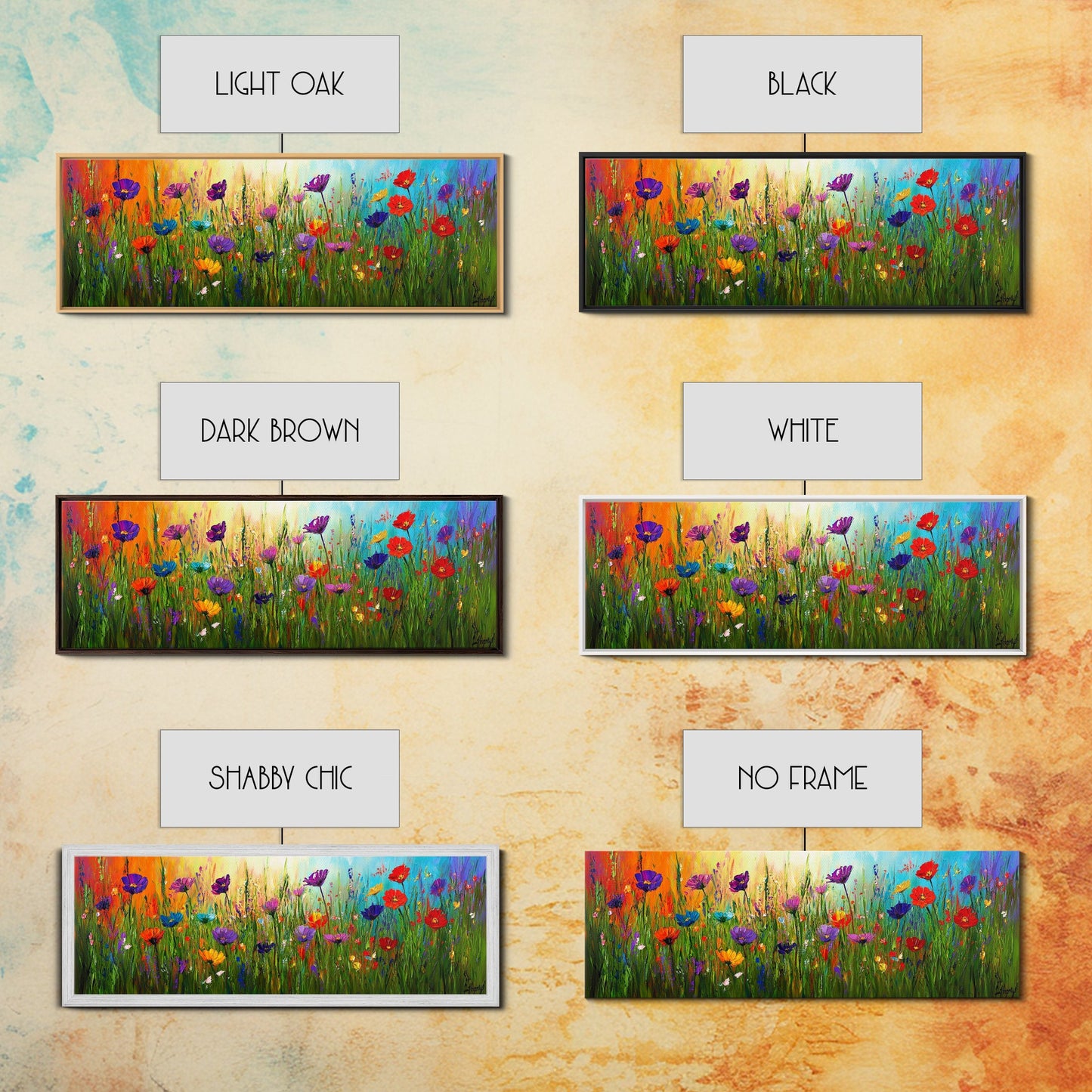 Purple Flowers, Panoramic Floral Print, Framed Canvas Art, Wildflowers Painting Spring Flower Watercolor Art Print, Field of Wildflowers