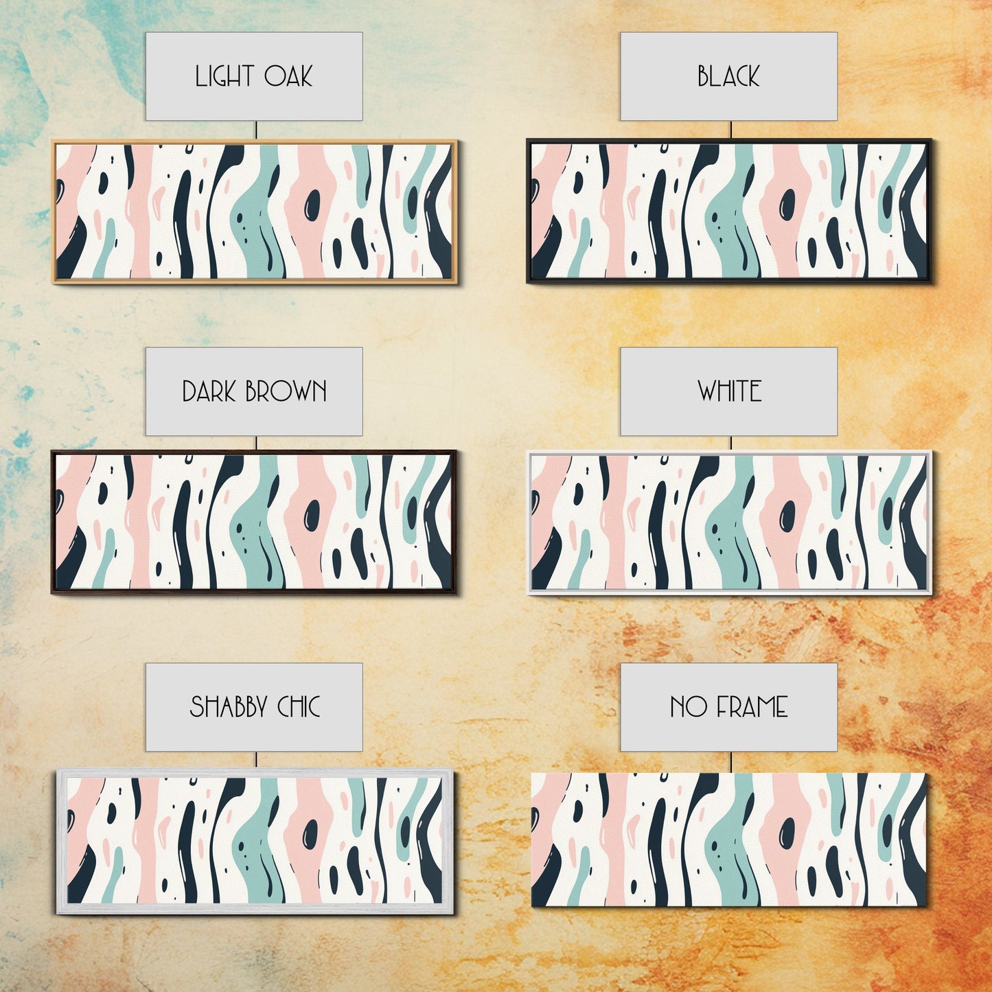 Retro Pink and Turquoise Animal Print Abstract Art, Framed Canvas Print, Wood Framed Extra Large Panoramic Art, 20x60 Art, 24x72 Art