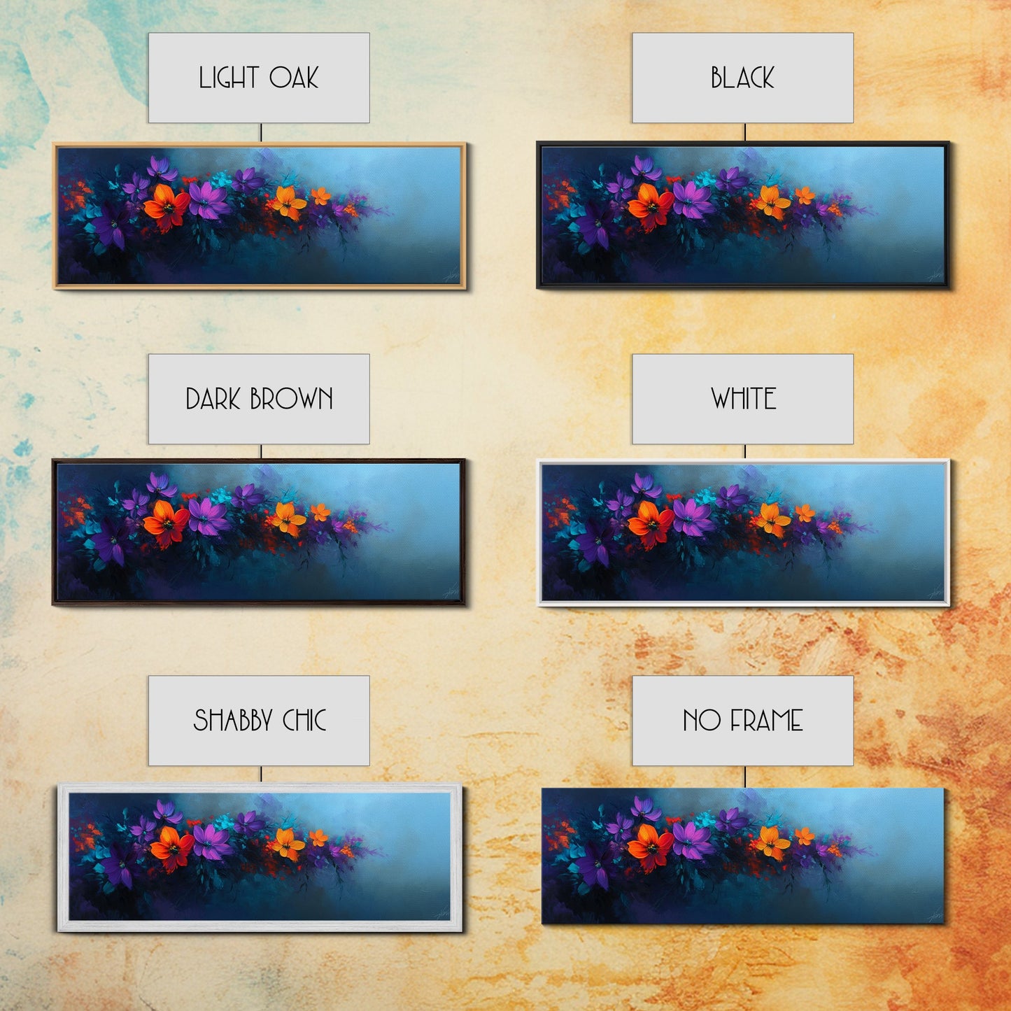 Purple and Orange Flowers on Navy Blue Background, Panoramic Framed Canvas Art, Oil Painting Print, Boho Style Wall Art, Dark Home Decor, Moody Art