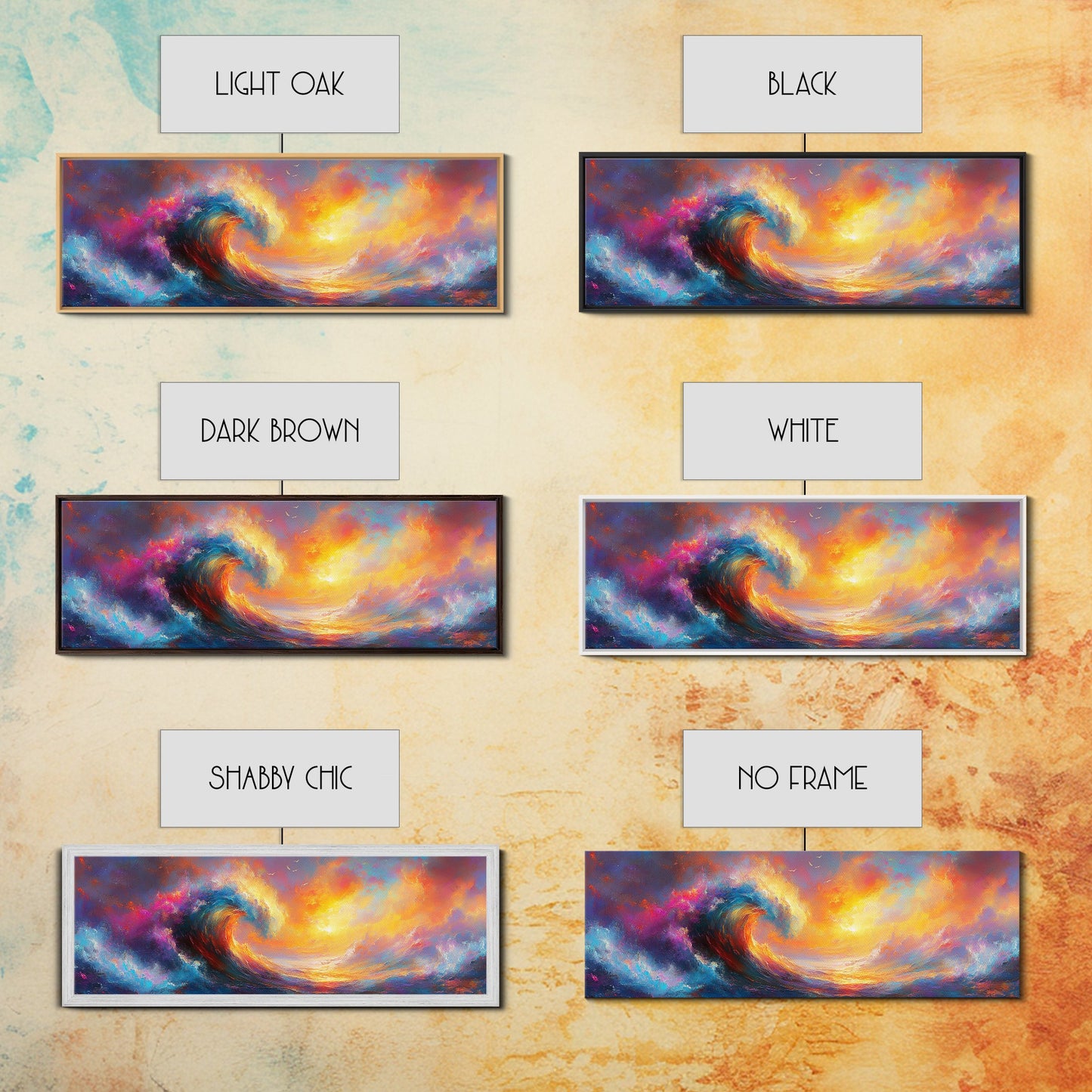 Oil Painting Print of Rainbow Ocean Waves, Retro Farmhouse Beach House Decor, Panoramic Extra Wide Wall Art