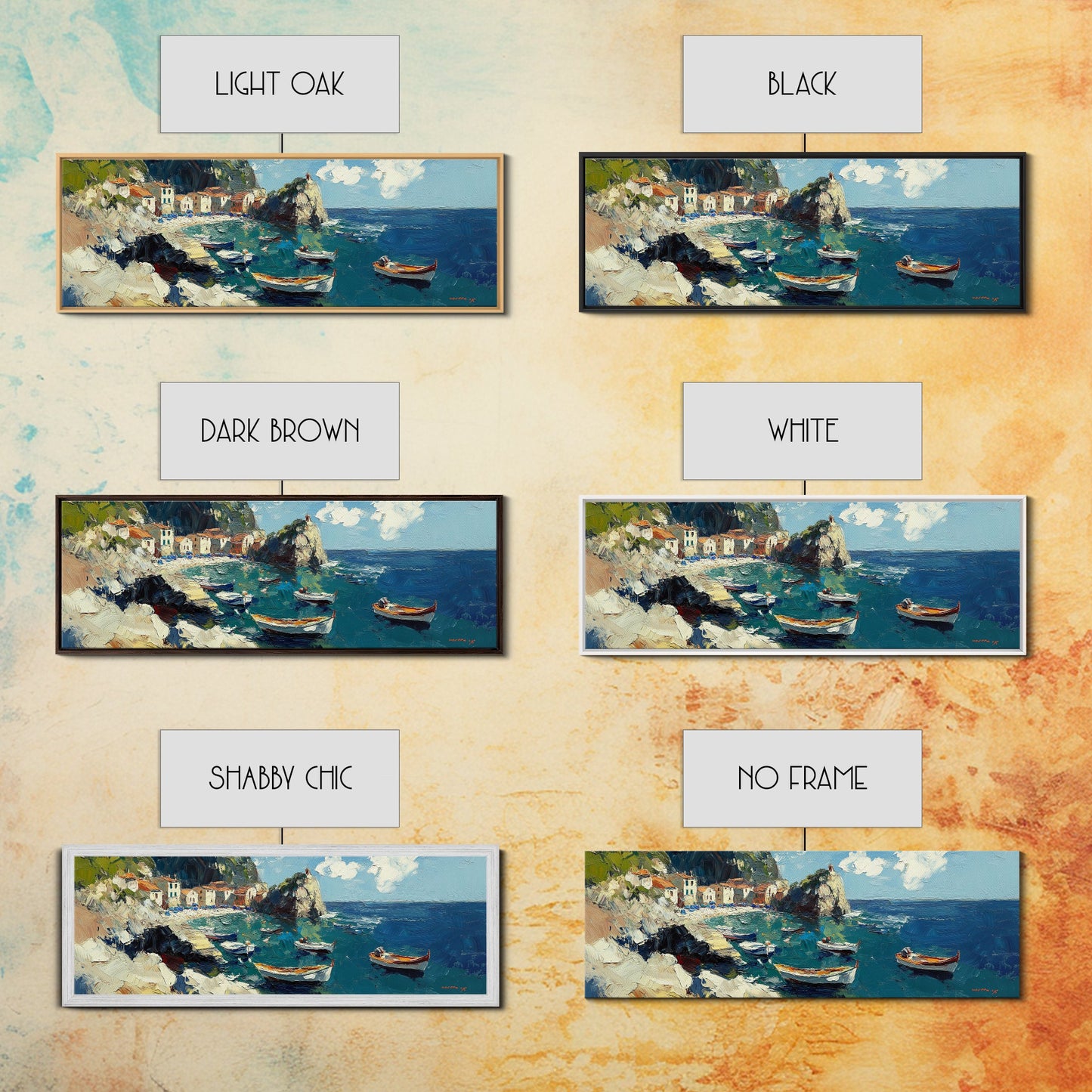 Italian Fishing Village, Vintage Style Canvas Print, Wood Framed Panoramic Wall Art, Italy Vacation Gift, Travel Gift Idea, Impressonist Seascape