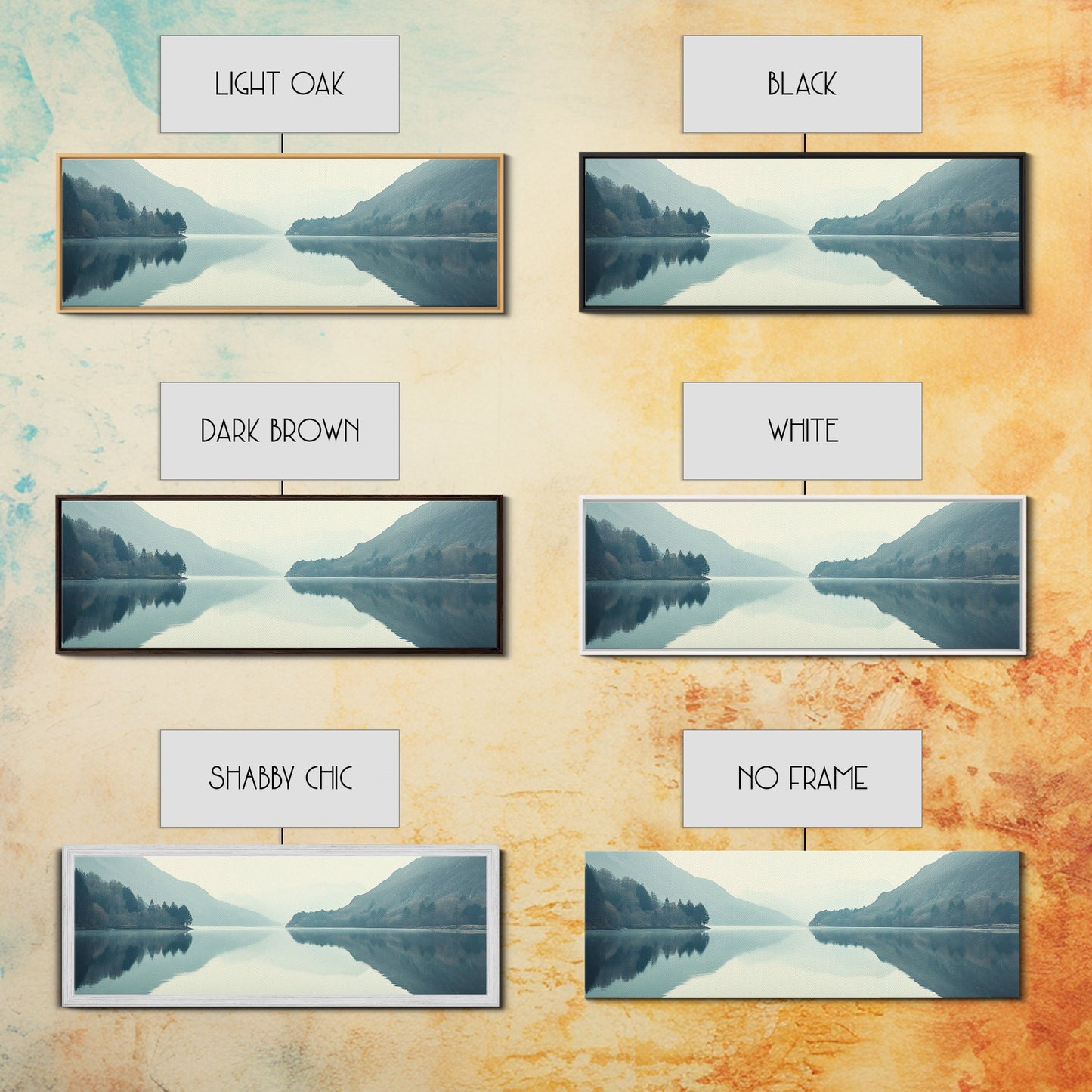 Reflections on an Overcast Day, Framed Canvas Print, Moody Decor, Foggy Landscape Painting, Panoramic Wall Art