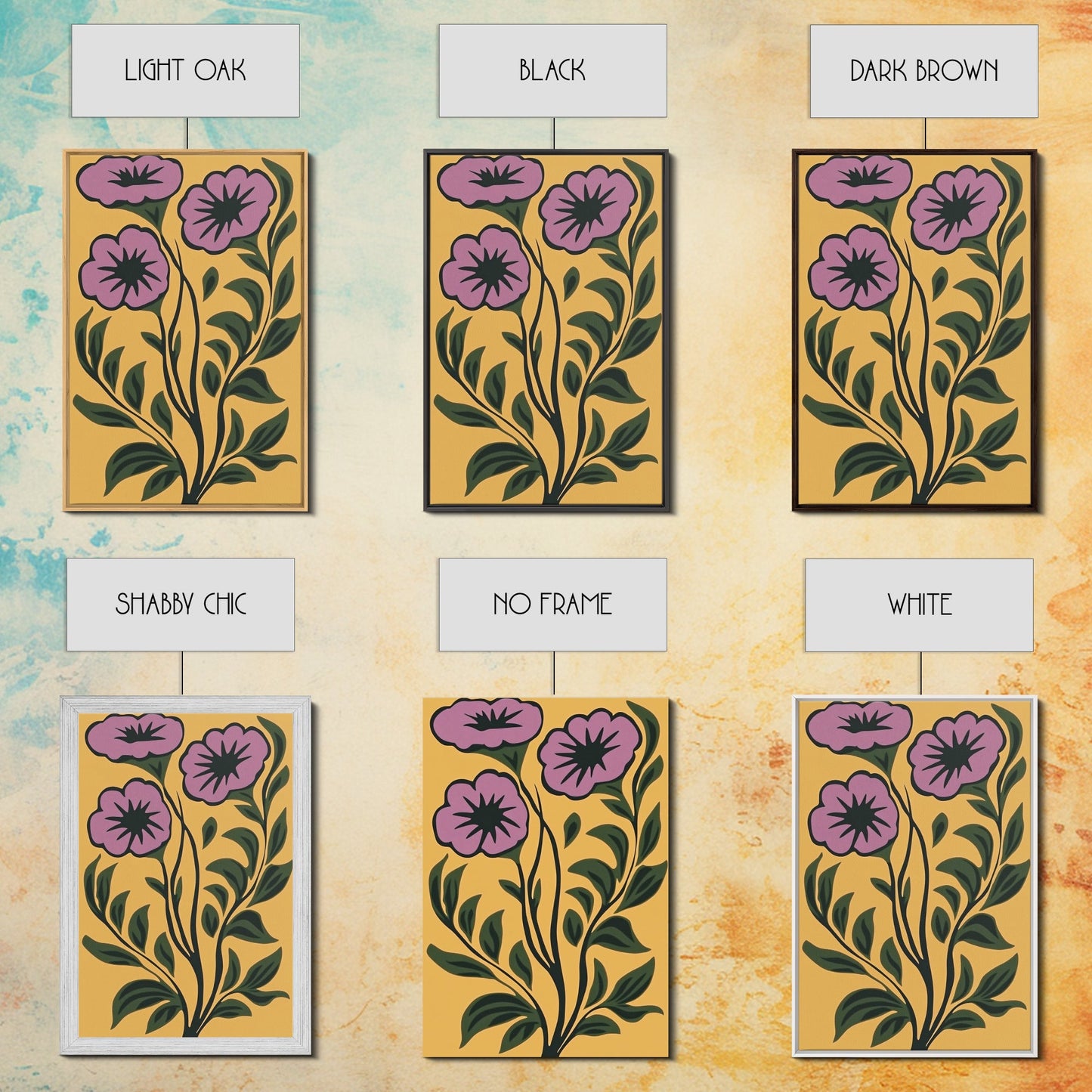 Framed Canvas Canvas Wall Art Mid-Century Modern Boho Flower Print, Purple and Yellow Wall Art, Modern Art Boho Home Decor, Minimalist