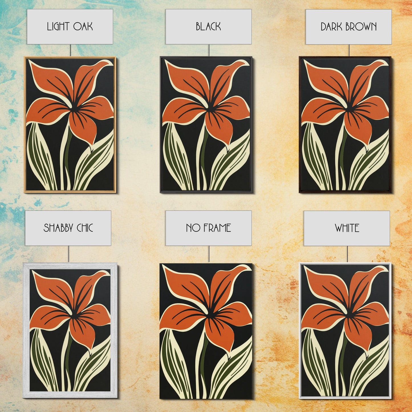 Orange Flower on Black Background, MCM Style Art, Framed Canvas Print