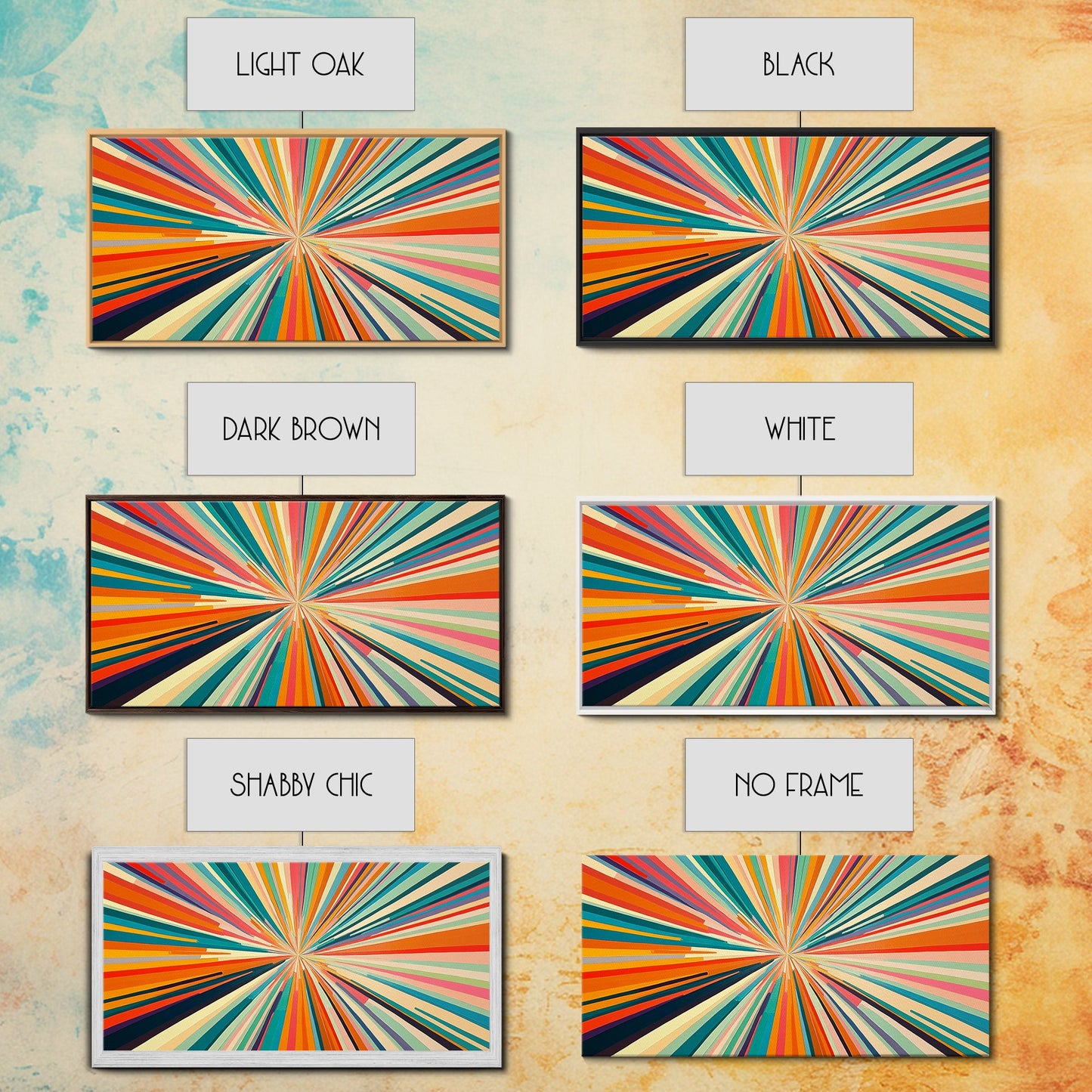 Sunburst Canvas Wall Art Canvas Print | Horizontal Pastel Color Sunset Print | Panoramic Abstract MCM Style Wall Art | Large Wide Print