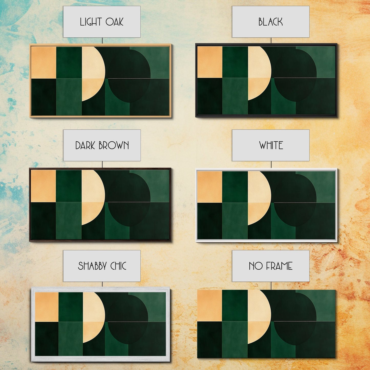 Extra Large Horizontal Emerald Green Geometric Mid Century Modern Wall Art, Framed Canvas Print