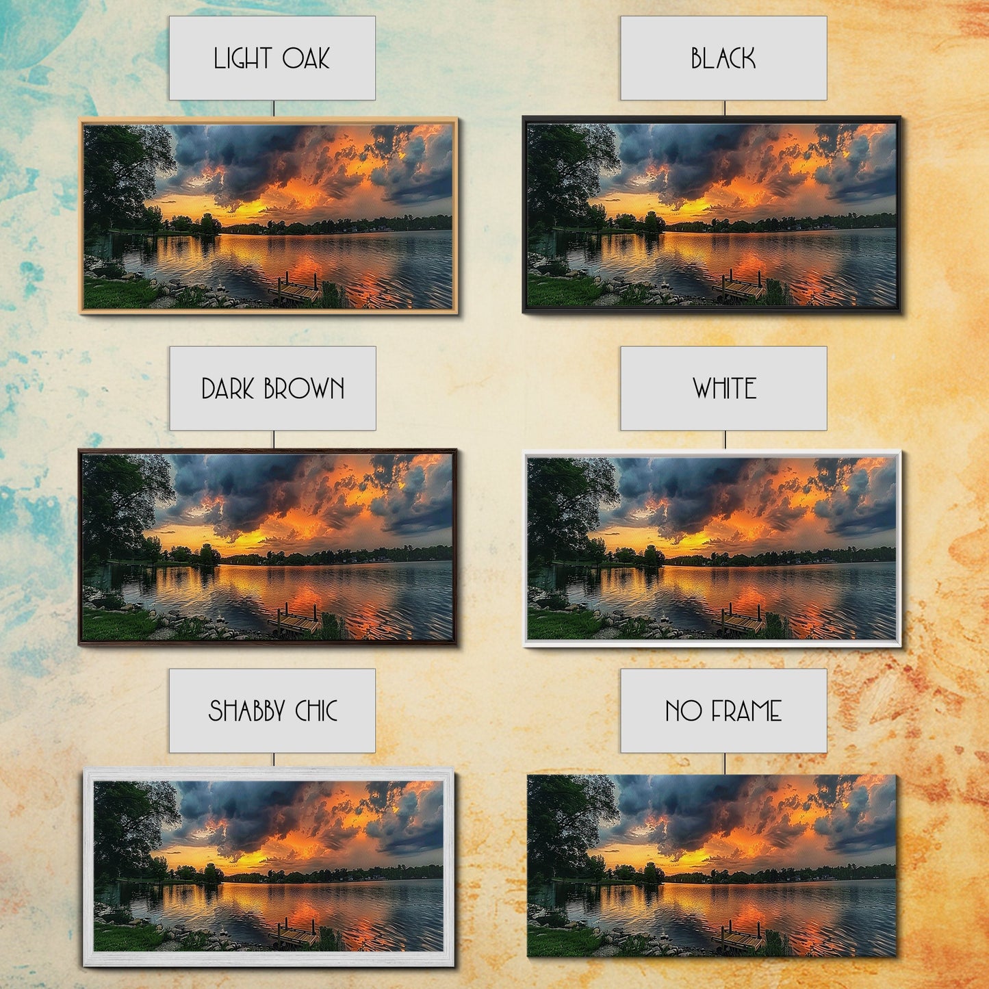 Sunset On The Lake Framed Canvas Print, Lakehouse Decor, Rustic Modern Farmhouse Wall Art, Photography Style Landscape Art