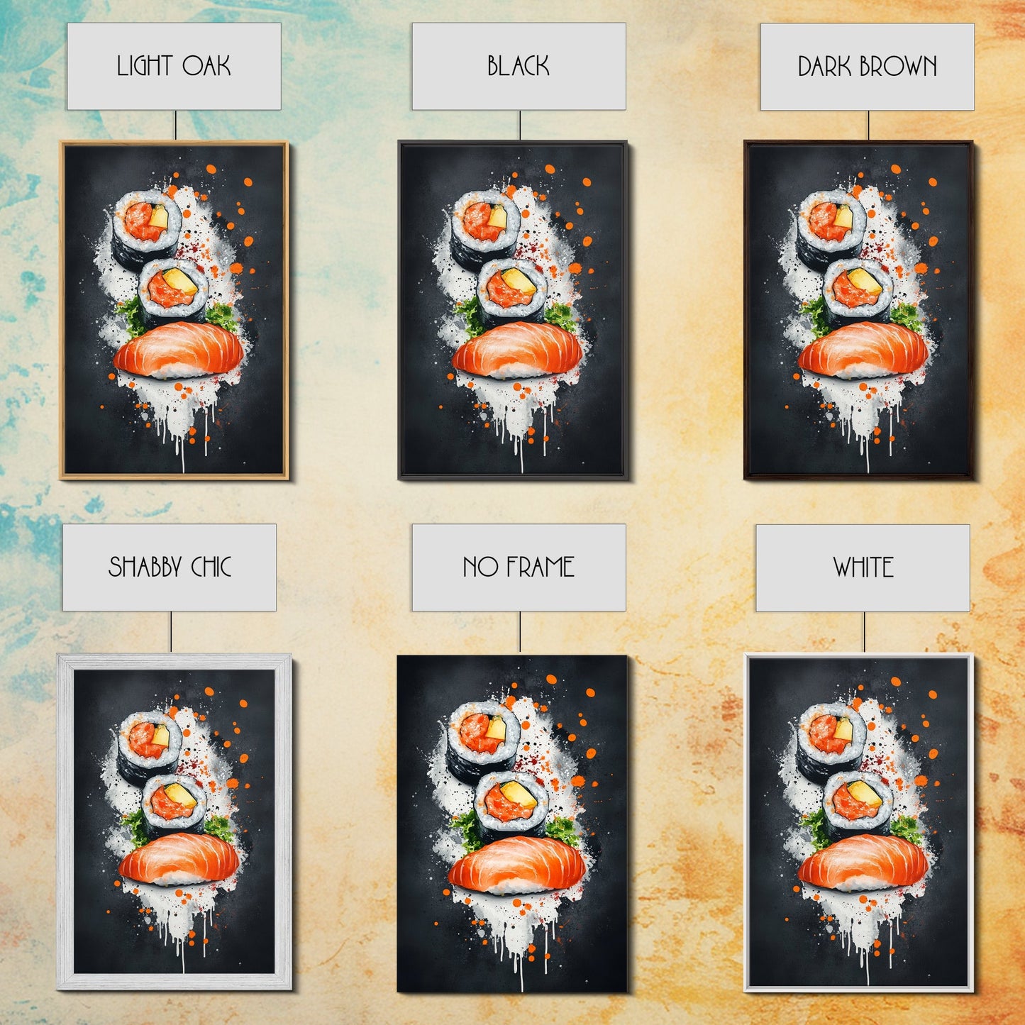 Abstract Oil Painting Canvas Print of Sushi on Black background, Food Review Kitchen Art, Kitchen Decor, Wabi Sabi Wall Art, Sushi Painting