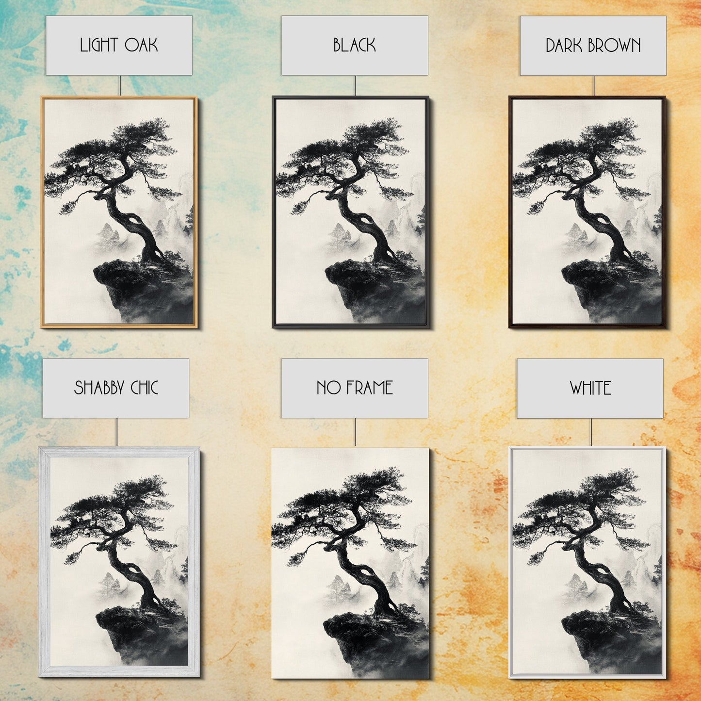 Bonzai Tree on a Cliff Wabi Sabi Painting Print, Wood Framed Wall Art, Bonzai Tree Art, Japanese Style Artwork