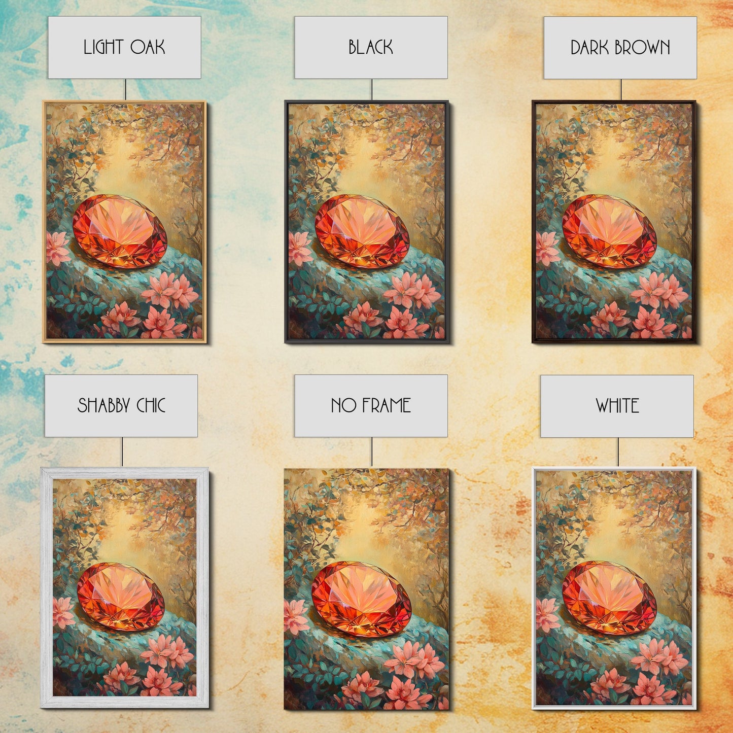 Gemstone Painting Print, Framed Canvas Print, Gemstones Wall Art, Precious Stone Painting, Red Gem, Ruby Painting, Antique Minerals Art