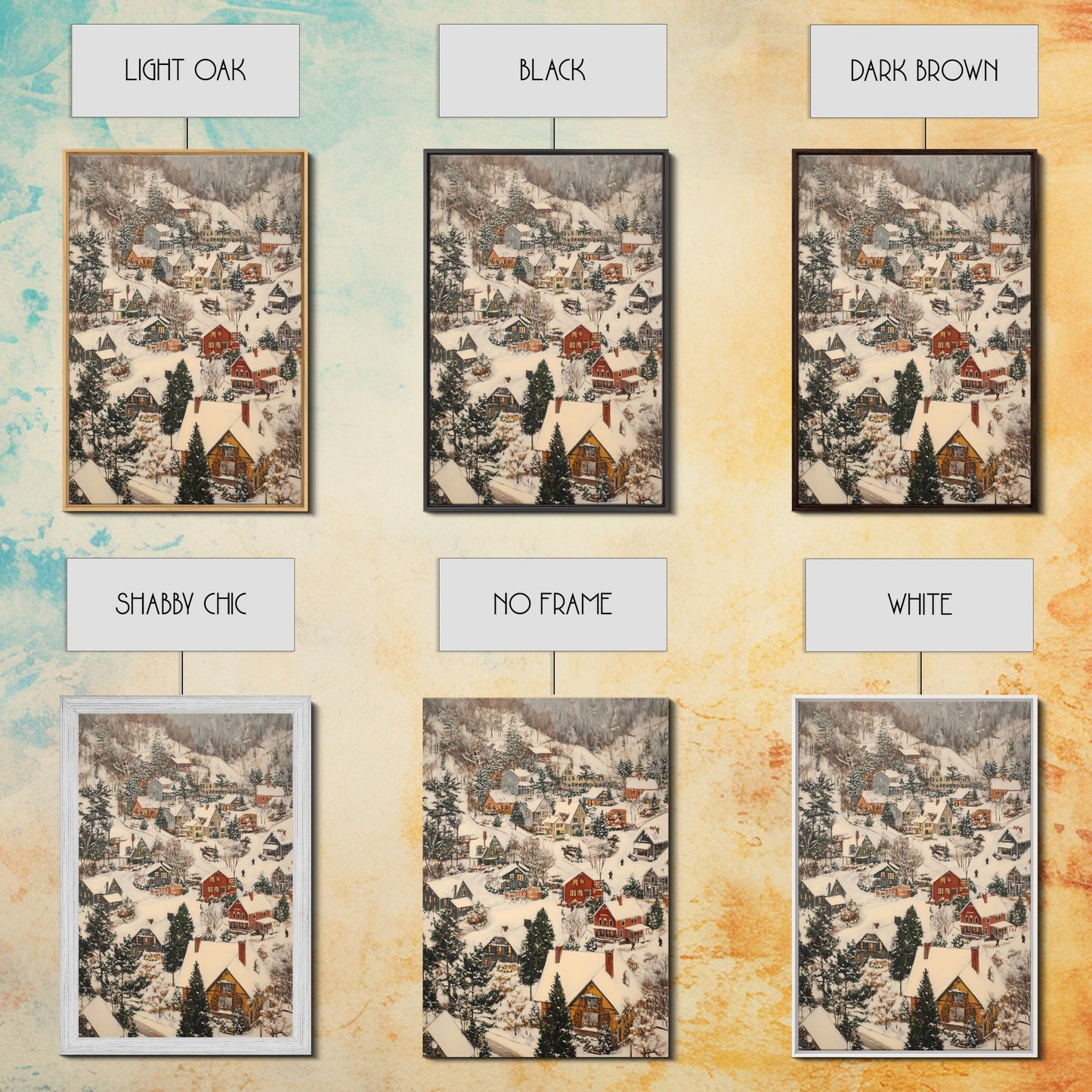 Christmas Village Covered in Snow, Framed Canvas Print, Christmas Oil painting print, Vintage Christmas Art Print, Christmas Wall Art