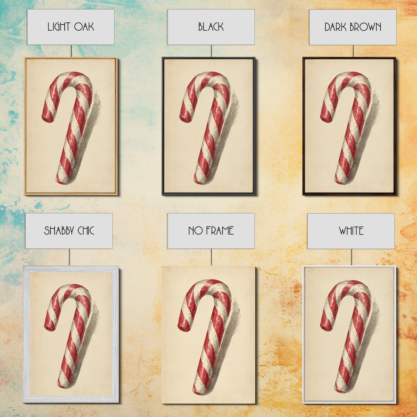 Christmas Wall Art - Candy Cane Sketch - Framed Canvas Print - Candy Cane Decor - Christmas Home Decor