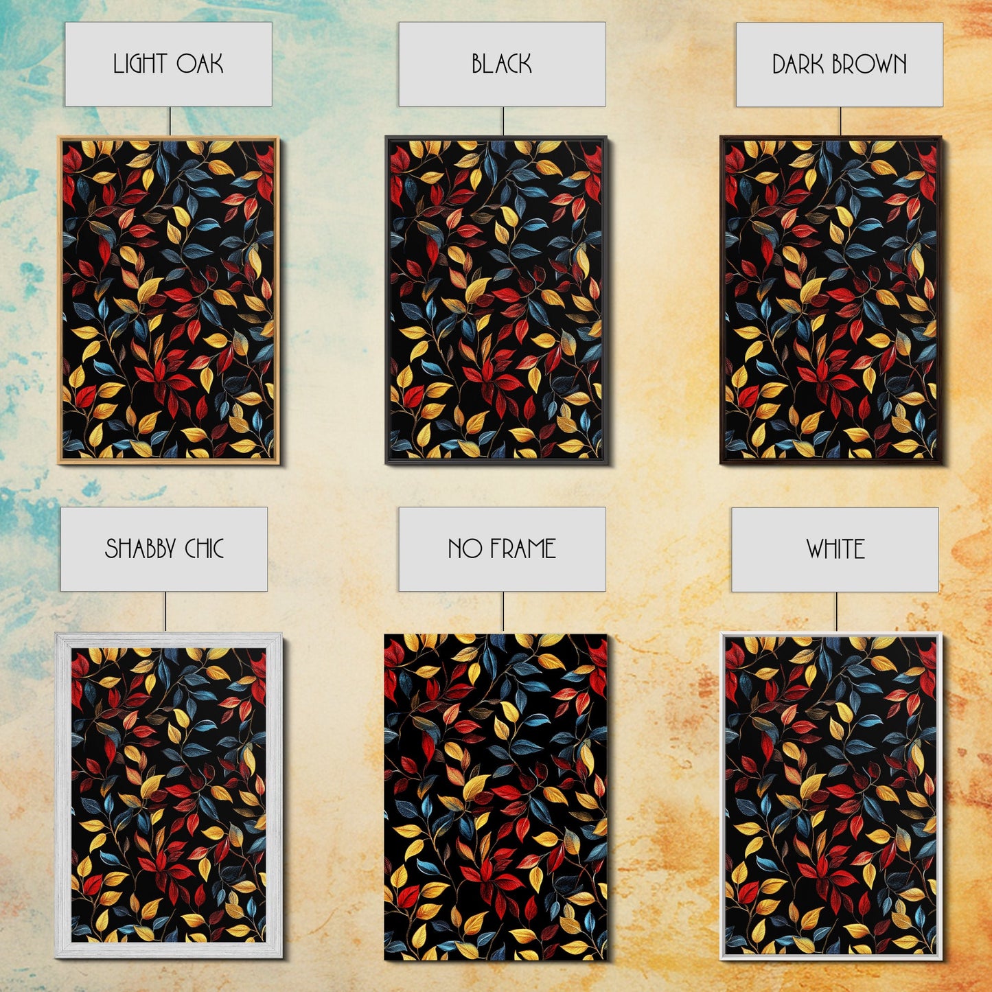 Botanical Fall Leaves Art Print On Canvas with Wood Frame, Black Background, Retro Style Home Decor