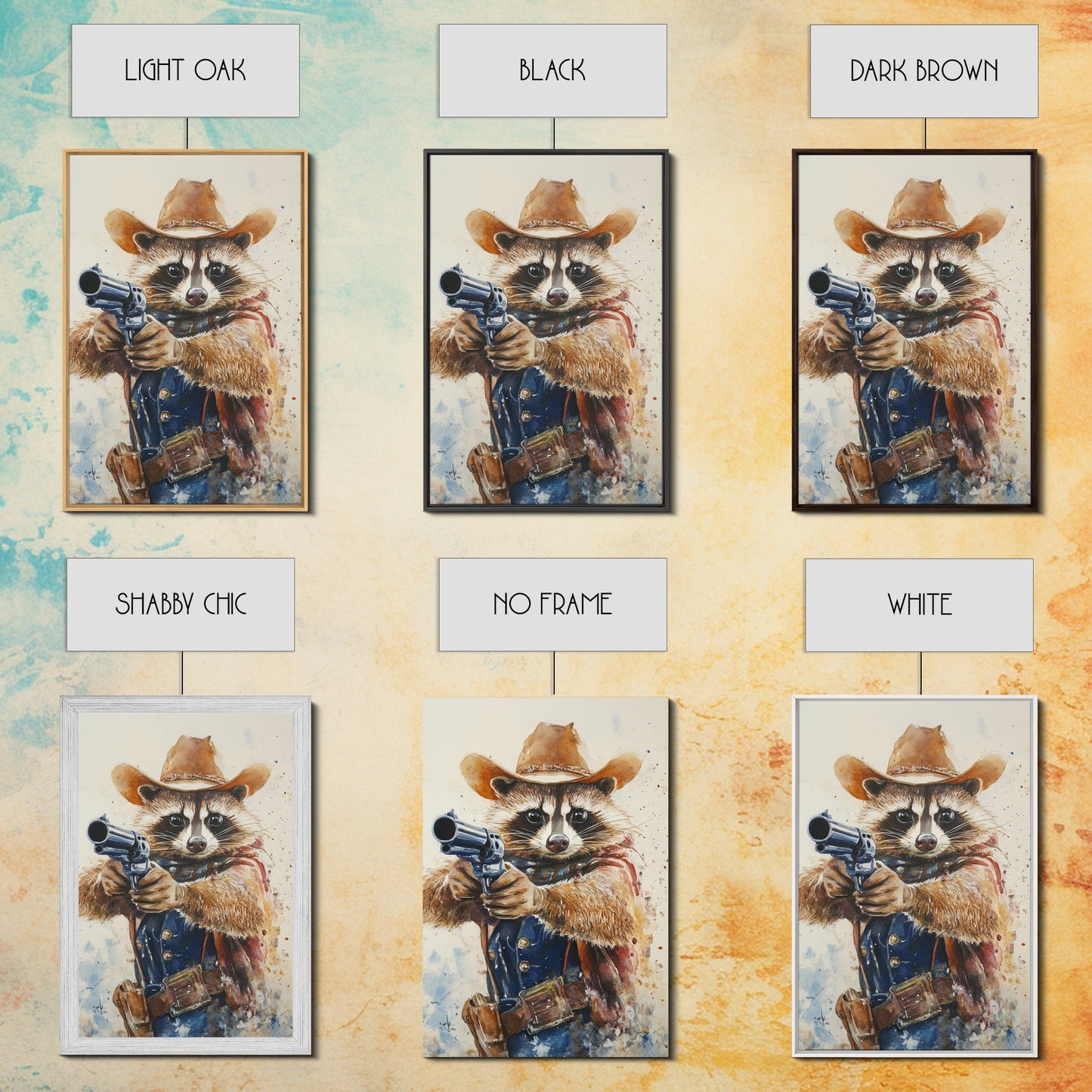 Rootin' Tootin' Racoon Cowboy, Framed Canvas Print, Ready to Hang, Racoon Painting