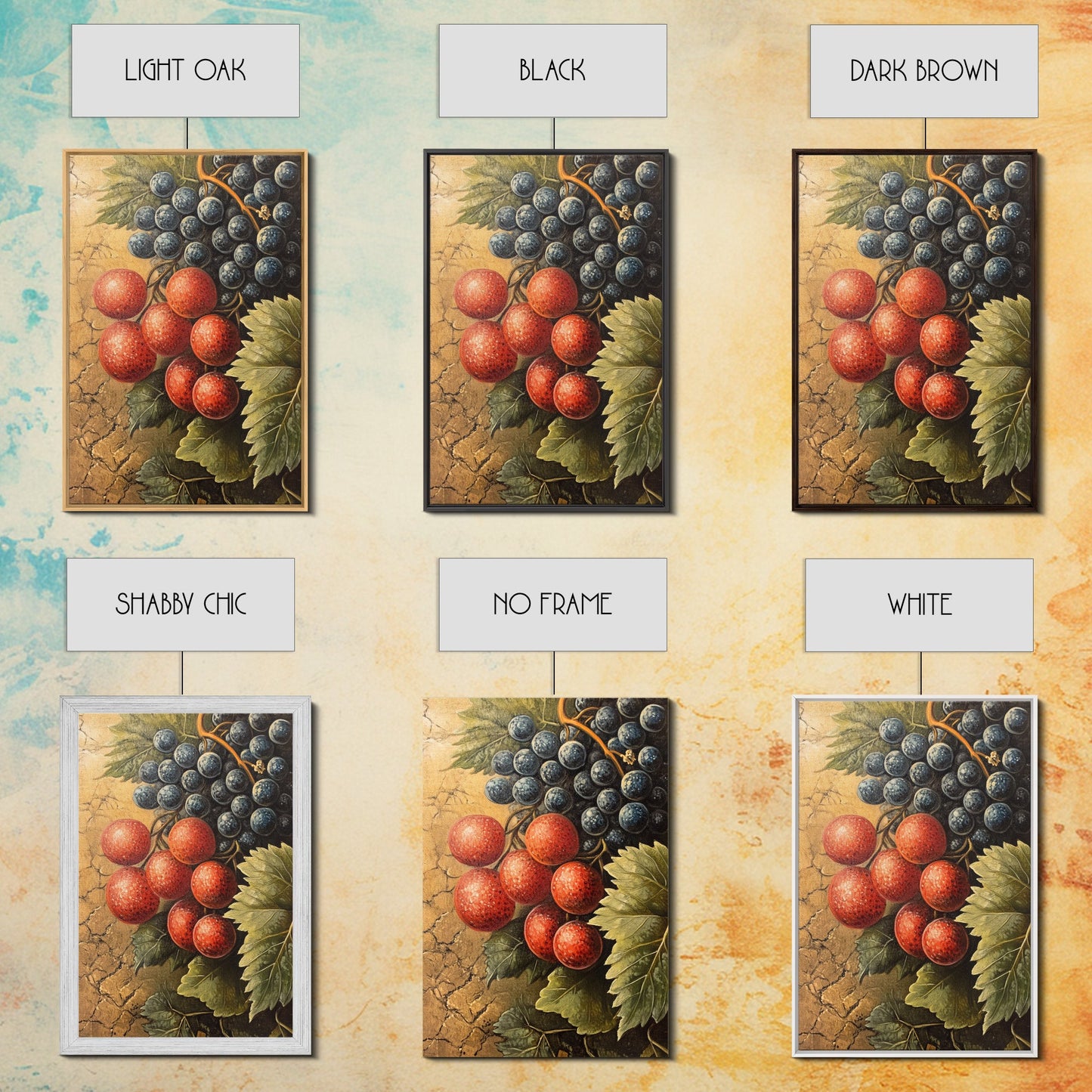 Grapes Wall Art Framed Canvas Print, Antique Fruit Still Life Oil Painting Print, Kitchen Decor, Modern Farmhouse Wall Art, Farmhouse Decor