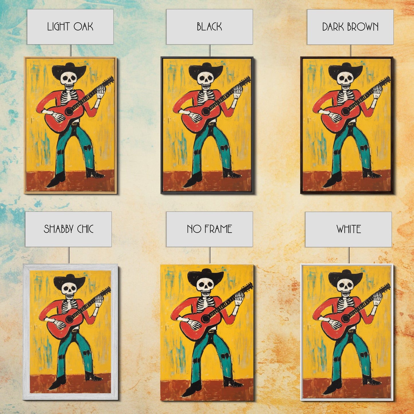 Canvas Print Of a Cowboy Skeleton Guitarist, Mexicano Art, Chicano Art, Original Artwork, Vaquero Art