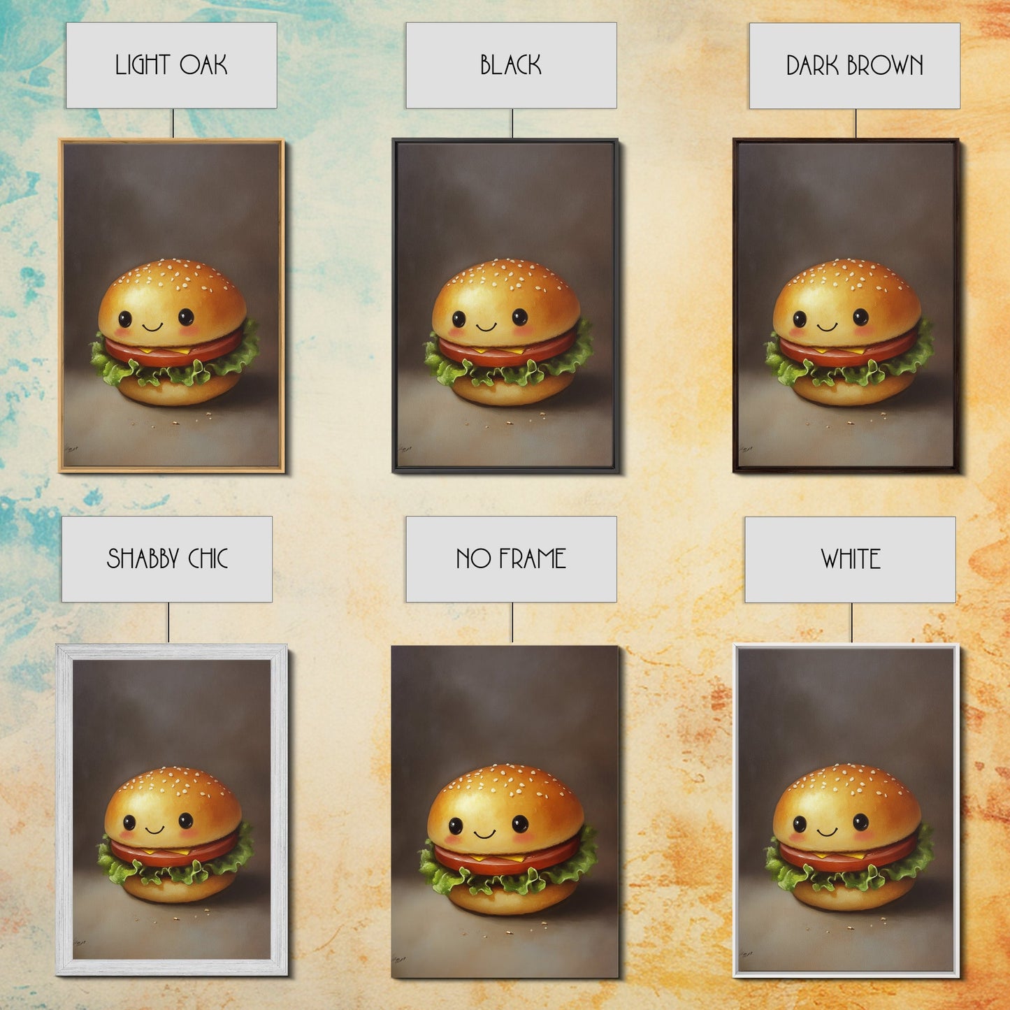 Kawaii Hamburger Canvas Print, Cute Hamburger Painting, Veggie Burger, Kawaii Wall Art, Kawaii Decor