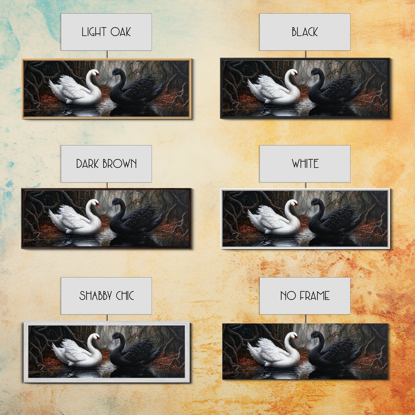 Black and White Swan Form A Heart, Framed Canvas Print, Swan Painting, Black Swan Art, Dark Romance, Panoramic Art, Gothic Art