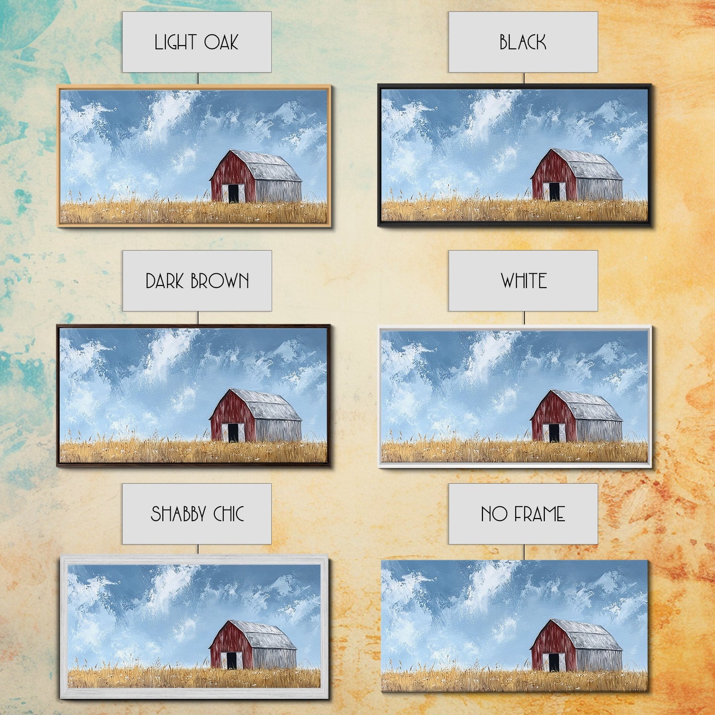 Old Building Farm In A Wheat Field, Framed Canvas Painting Print, Panoramic Rural Landscape Wall Art Rustic Barn Country Side Ready To Hang