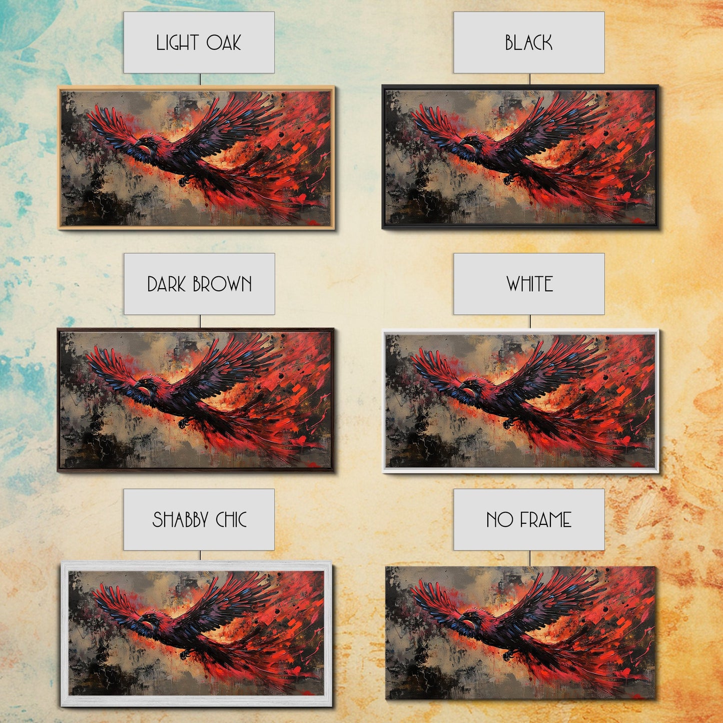 Grunge Phoenix Painting, Framed Canvas Print, Vibrant Phoenix Wall Art Print, Mythical Poster Art, Printed Wall Art