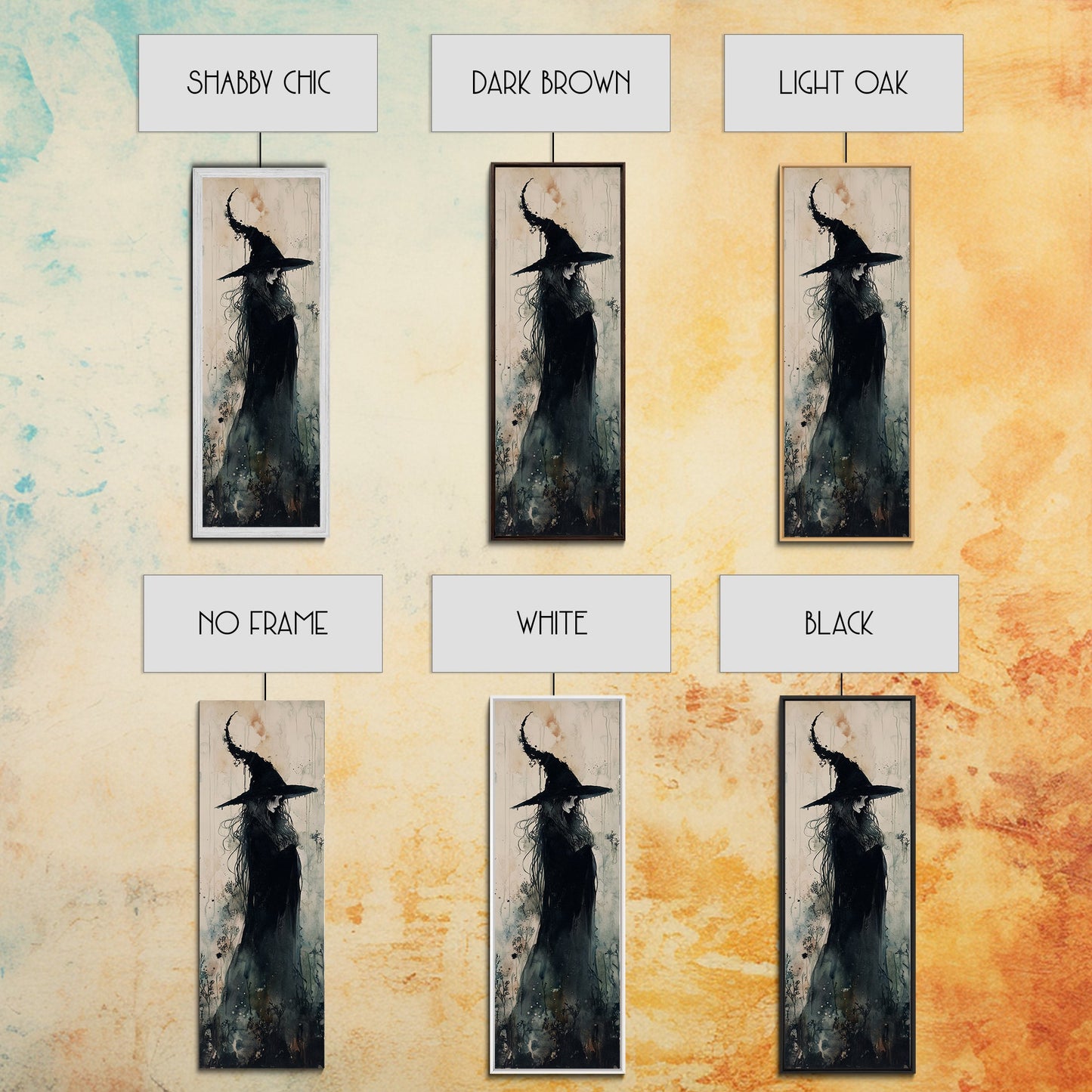 Mystical Witch in Black Forest Art - Framed Canvas Print for Halloween, Gothic Decor, Witch Art, Dark Home Decor, Long Wall Art